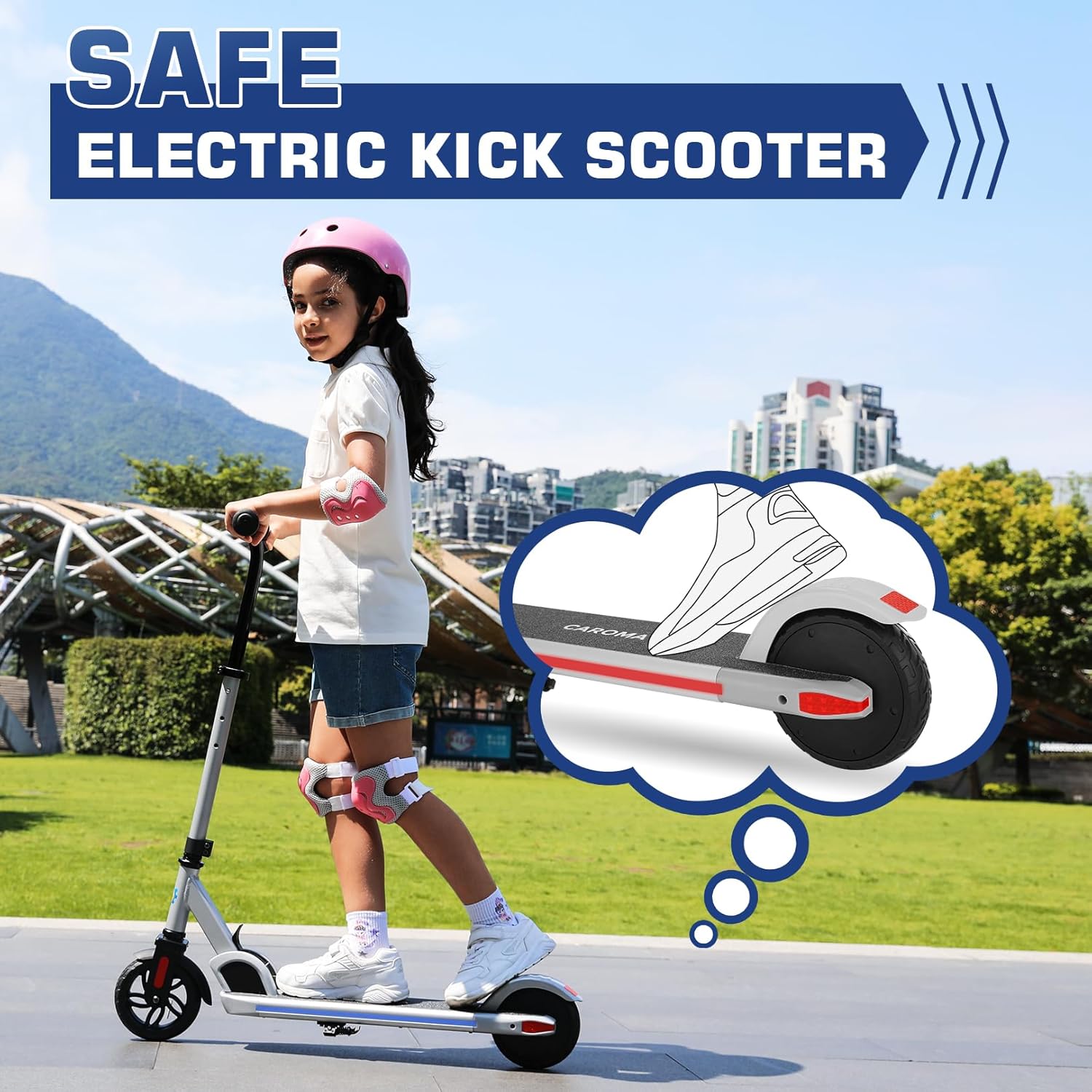 Caroma Patinete eléctrico E32E35 para niños, altura y velocidad ajustables, motor de 150 W, scooter eléctrico para niños de 6 a 12, 10 Mph y 7