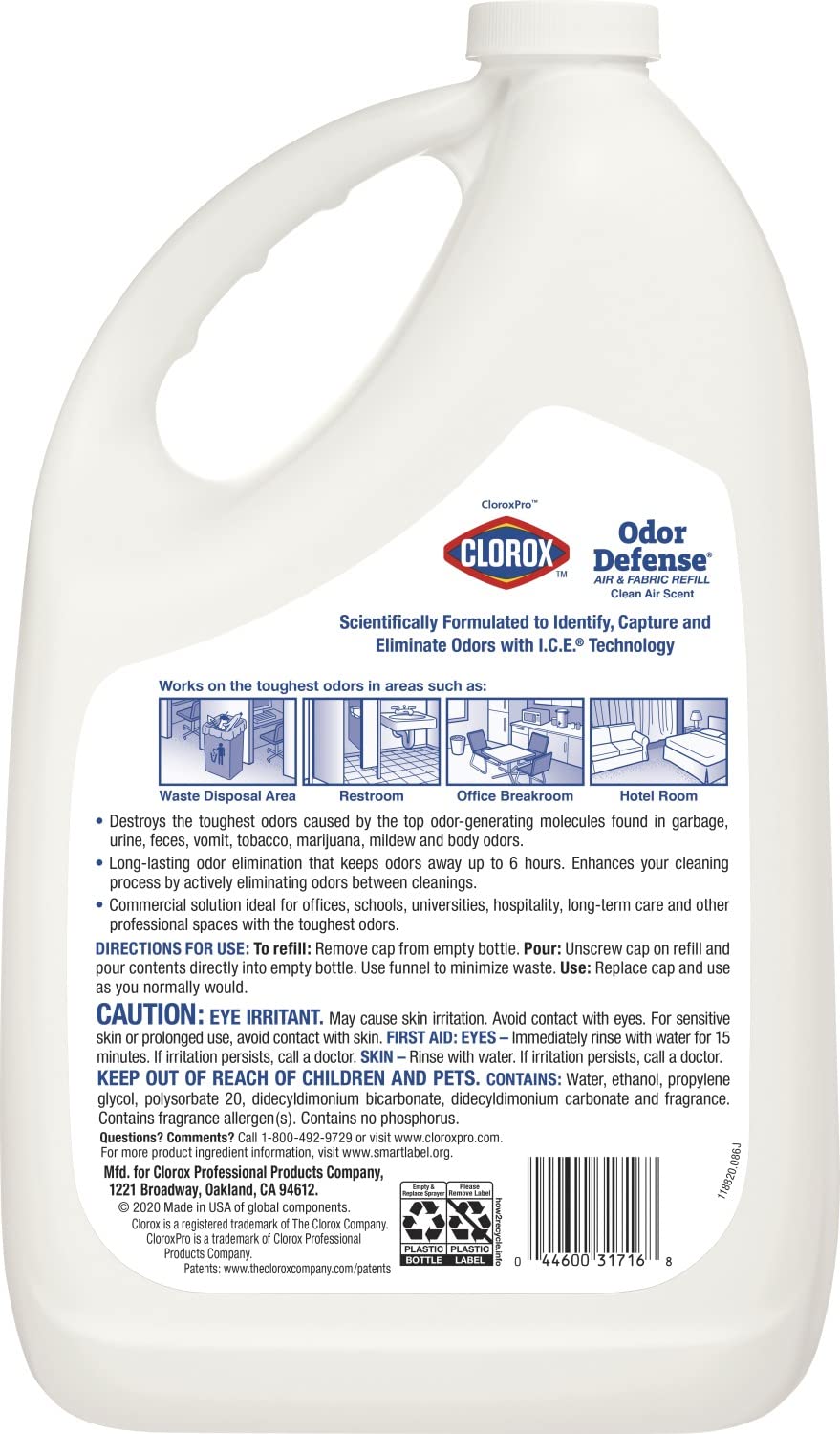 CloroxPro Recambio de spray de aire y tela para defensa del olor, Clorox Healthcare Spray de limpieza industrial y limpieza, 128 onzas – 31716