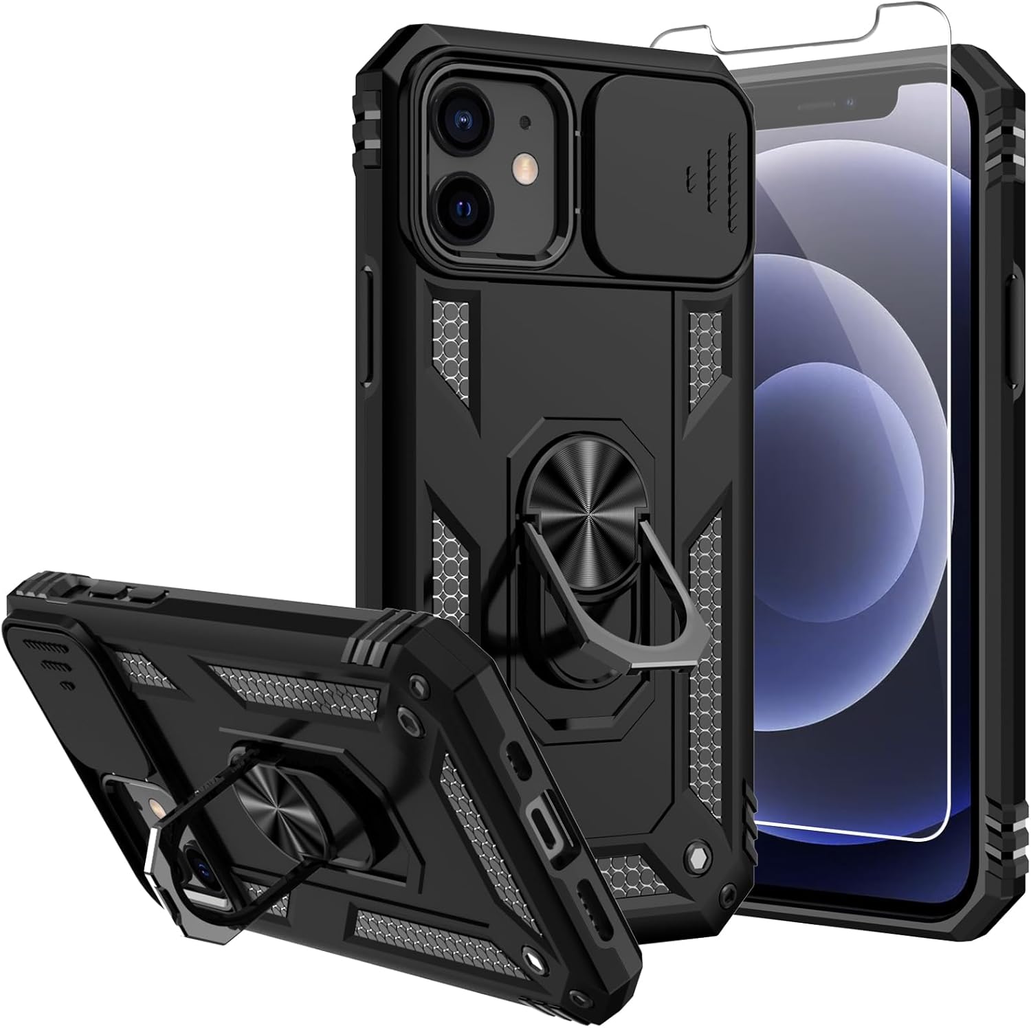 Funda para iPhone 12, iPhone 12 Pro, con protector de pantalla y funda para cámara, grado militar 16 pies. Funda protectora a prueba de caídas con