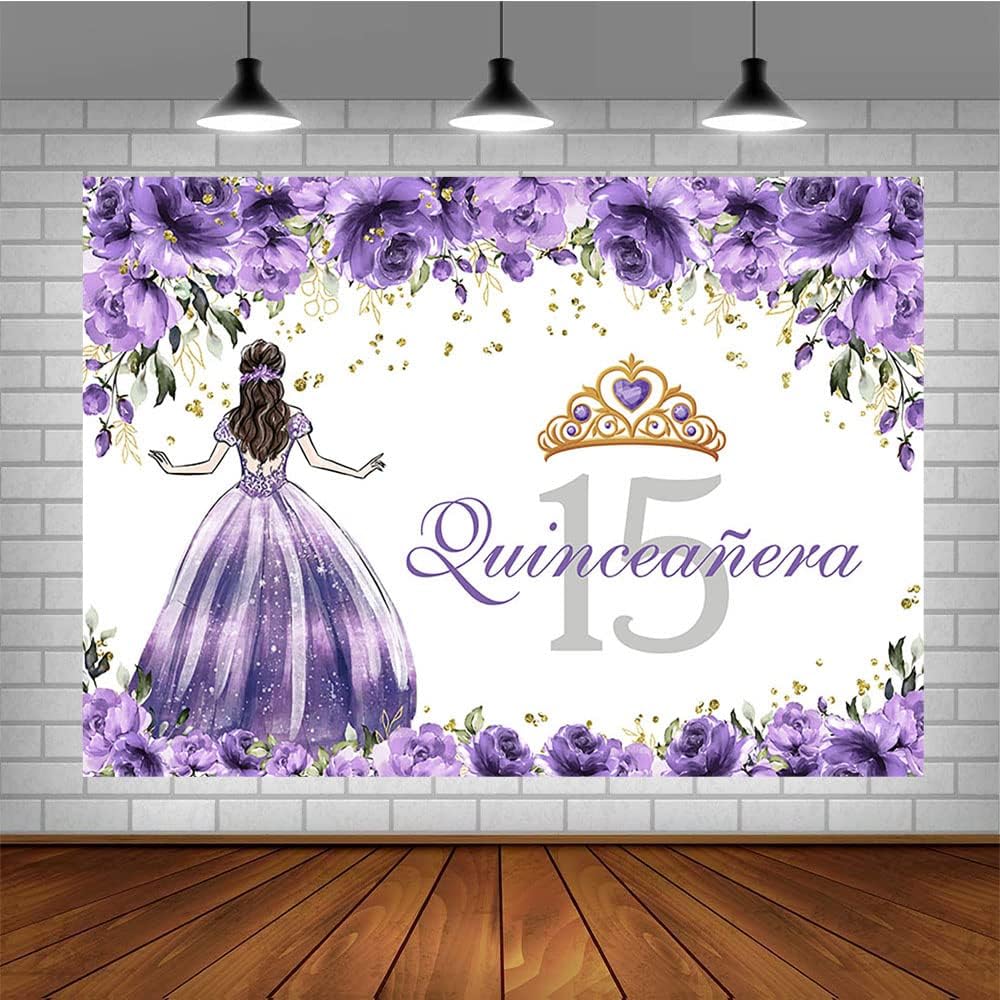 Seefeful SENDY – Telón de fondo de quinceañera de 15 cumpleaños para niñas, vestido morado, corona de princesa, fondo de fotografía, flores moradas,