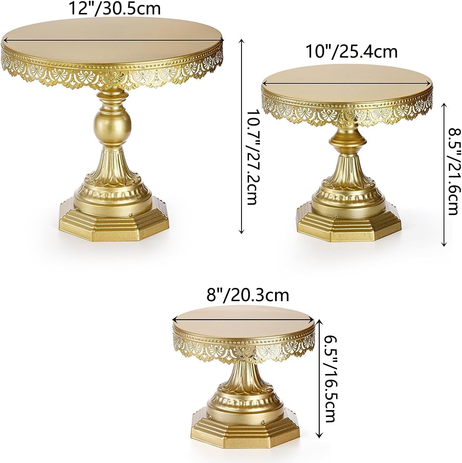 YOUEON Juego de 3 soportes de metal dorado para tartas, soportes redondos de 81012 pulgadas para mesa de postre, soportes de postre dorados, soporte
