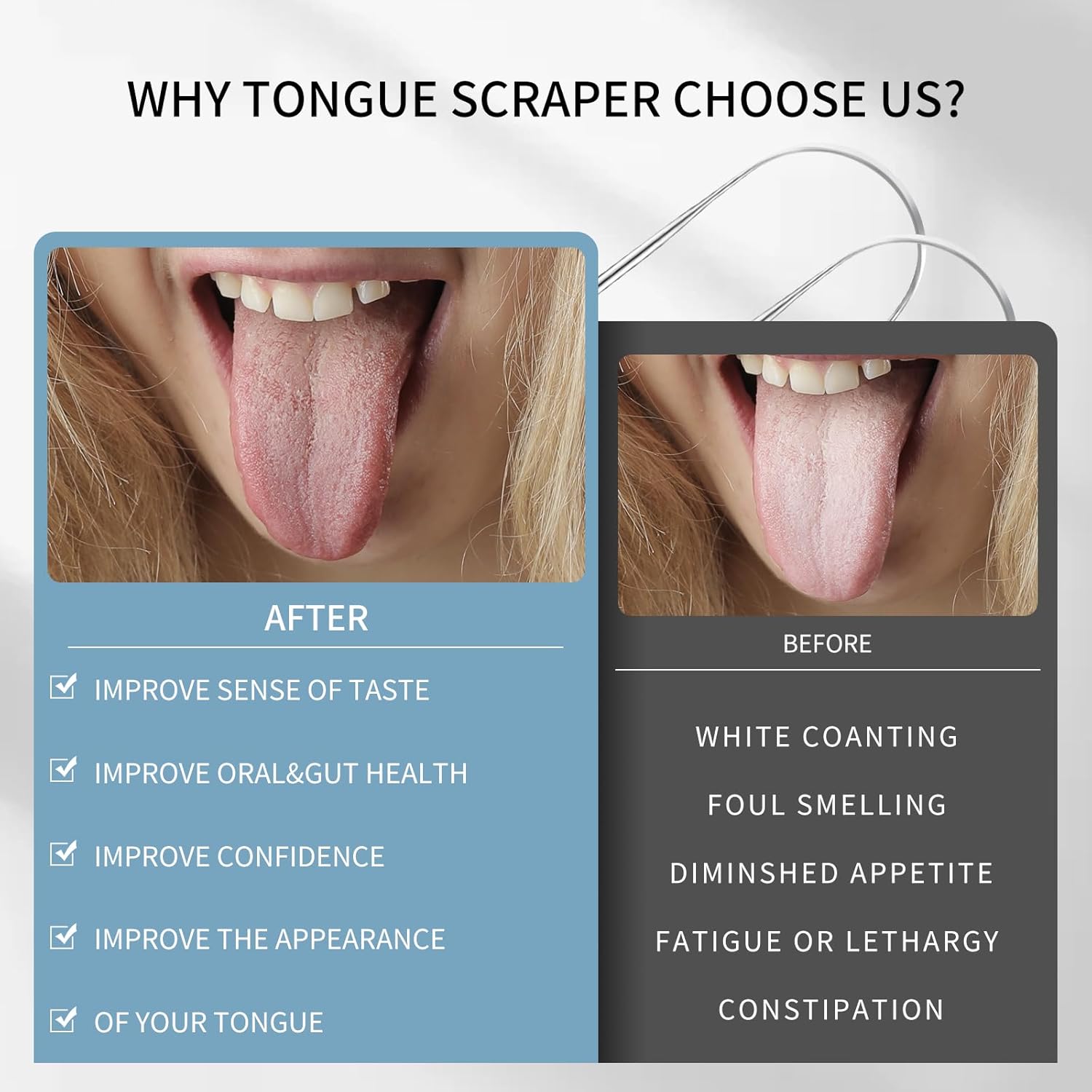 Raspador de lengua, rascador de lengua de metal para adultos, raspador de lengua de acero inoxidable, reduce el mal aliento y el aliento más fresco