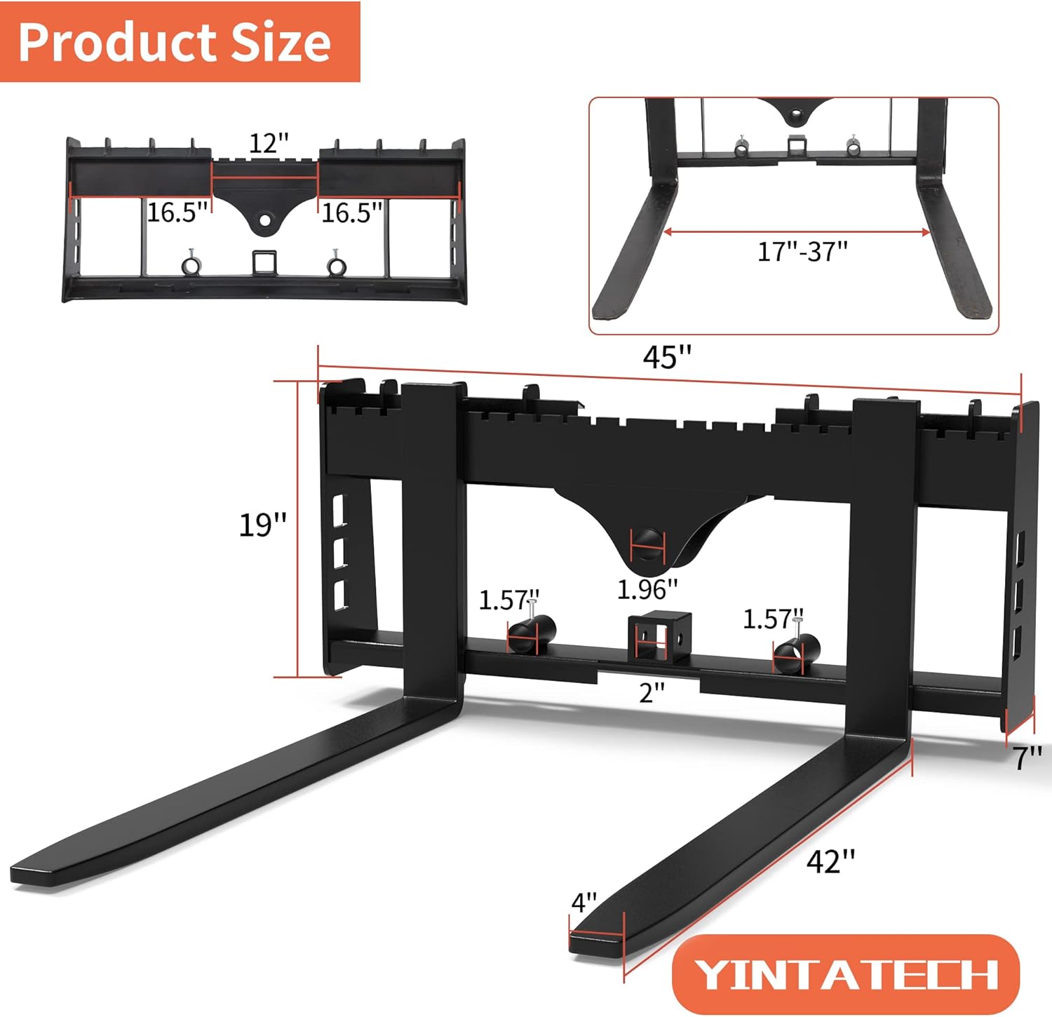 YINTATECH 2500lbs Skid Steer Pallet Fork 42″ Frame Pallet Forks for Kubota Bobcat Skid Steer Loaders Tractors
