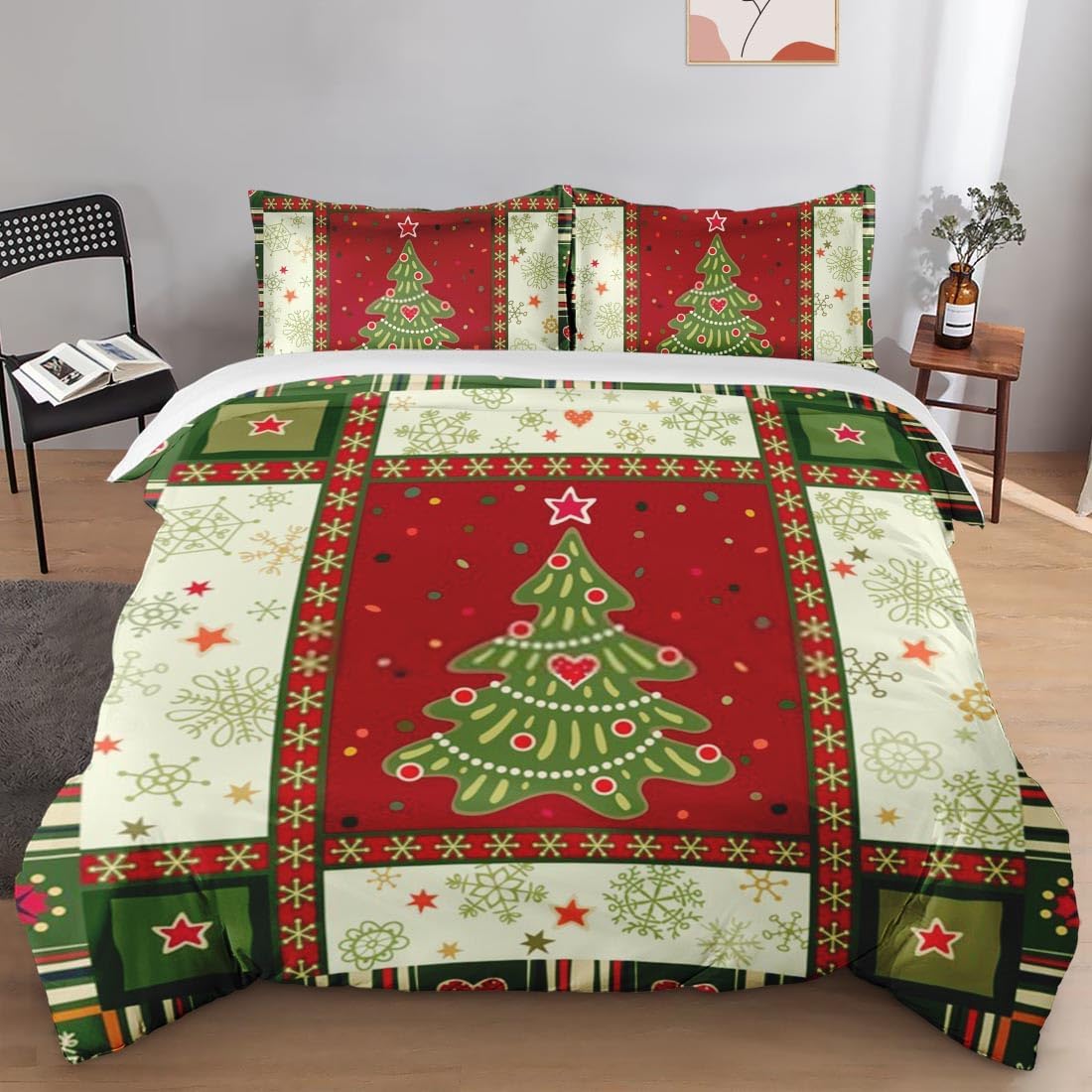 Juego de funda de edredón, copos de nieve de árbol de Navidad, juego de ropa de cama de Navidad para niños y adultos, decoración de dormitorio,