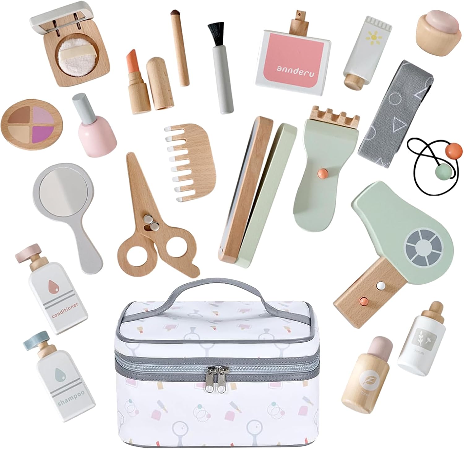 Juego de 22 juguetes de maquillaje de madera para niños pequeños, juguetes de salón de belleza de madera, kit de maquillaje de madera con accesorios