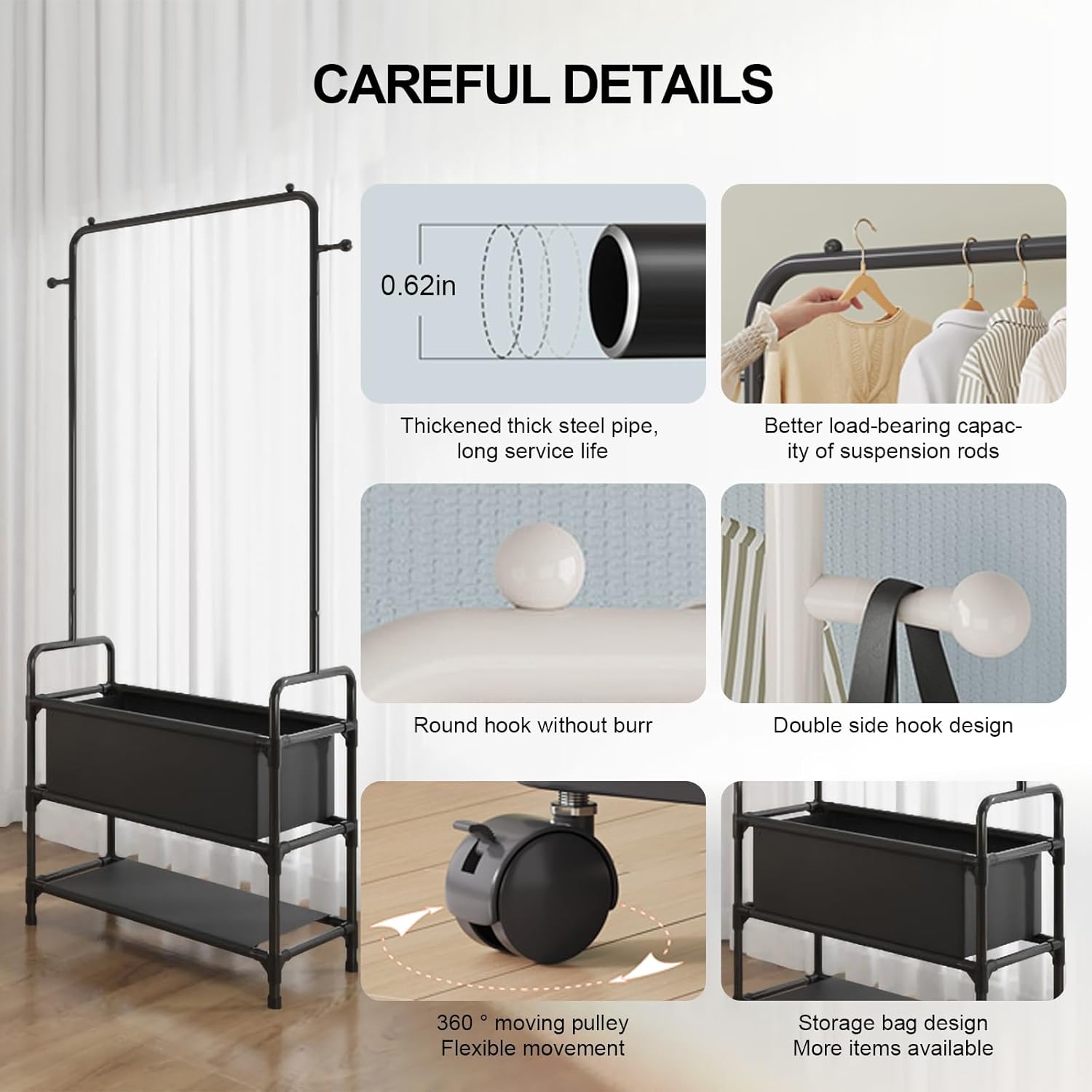 Percheros de ropa de 3 niveles para colgar ropa para niños, organizador pequeño con estantes para una habitación pequeña, resistente sobre ruedas,