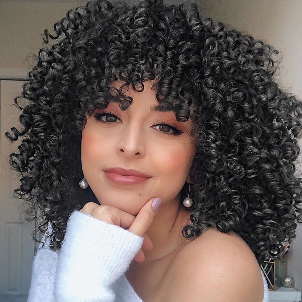 maxknow Pelucas rizadas para mujeres negras, peluca afro rizada esponjosa para mujer, peluca rizada negra suave con flequillo, pelucas sintéticas