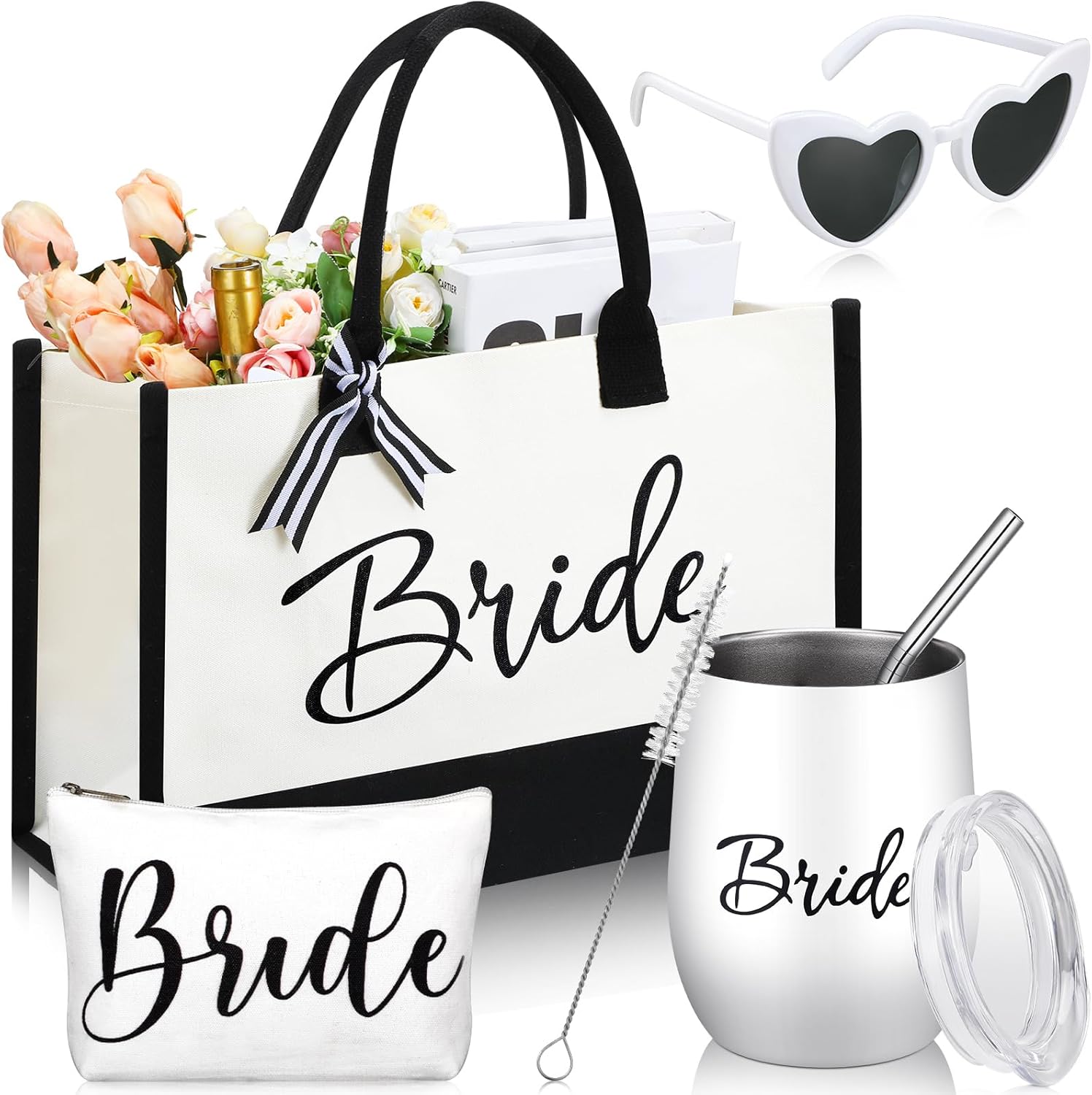 Sweetude 4 piezas de regalos para novia, bolsa de lona con bolsa de maquillaje, vaso de novia con cepillo para pajilla, lentes de sol blancos en