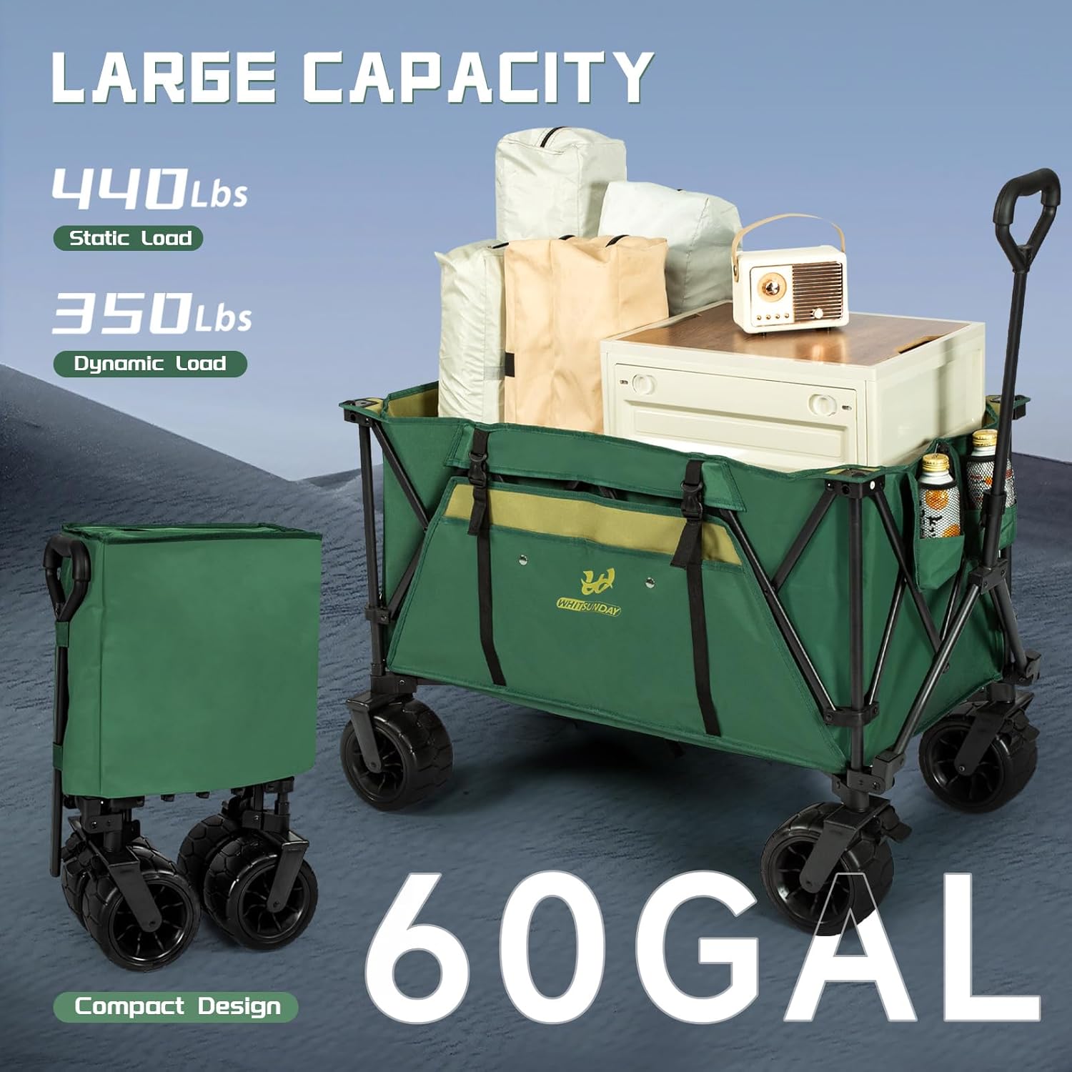 Whitsunday Plegable plegable resistente plegable utilitario camping parque Moko Wagon carro con placa de mesa de aluminio (verde-TB)