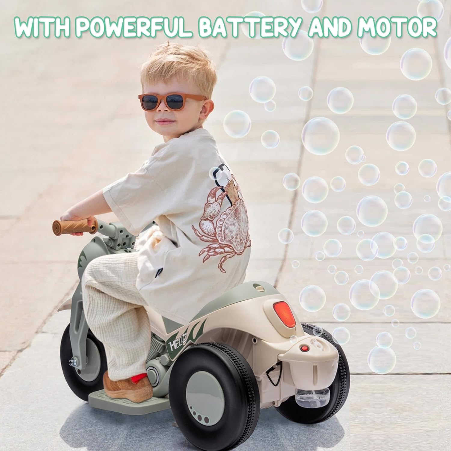 Motocicleta para niños con función de burbujas, juguete de motocicleta de 6 V con faros LED, música, pedal, adelantereserva, auto eléctrico de