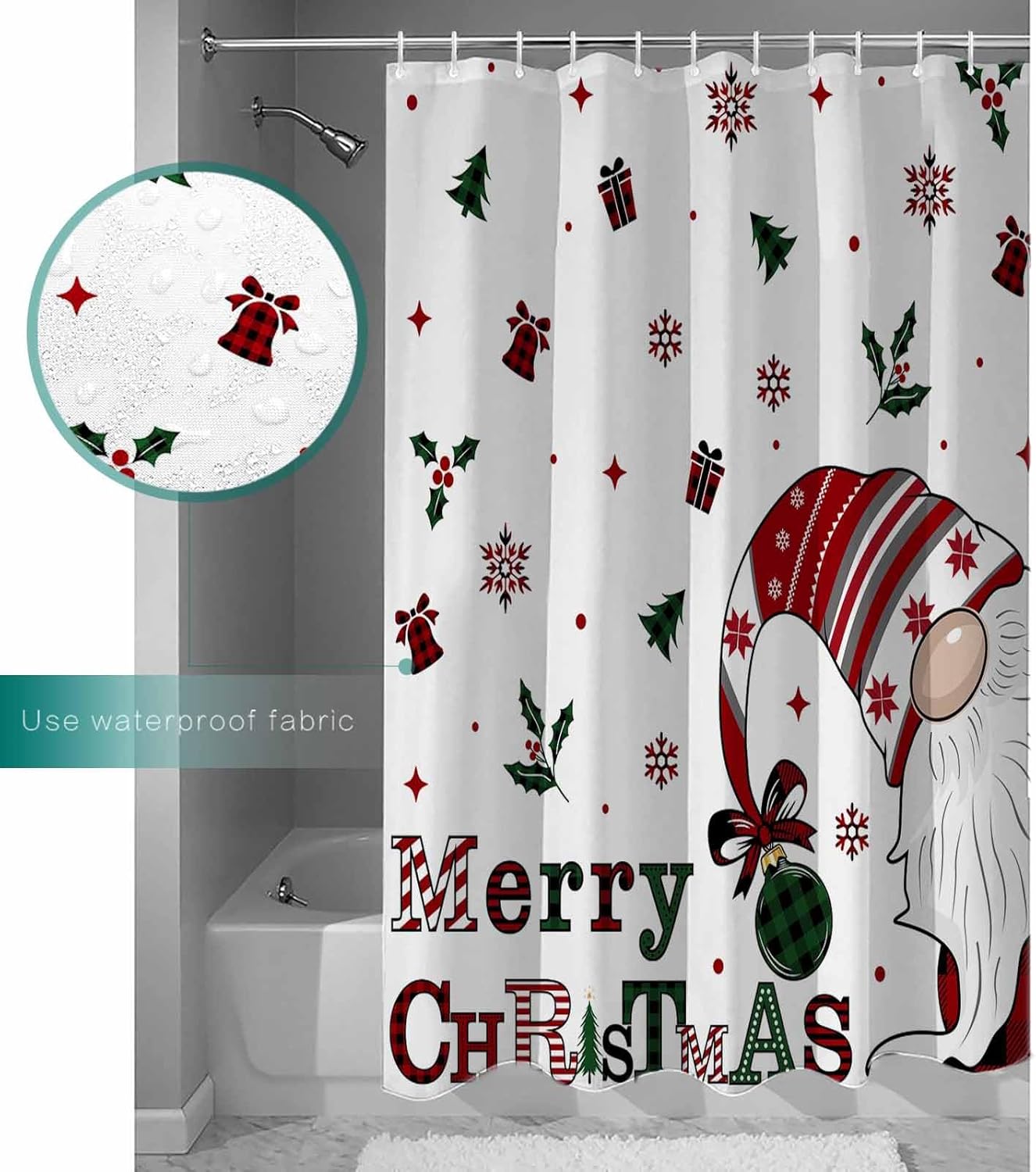 zzsunfeel Juego de cortinas de ducha impermeables con 12 ganchos, caja de regalo de gnomo de Feliz Navidad, campana, copos de nieve, bayas, 72 x 72