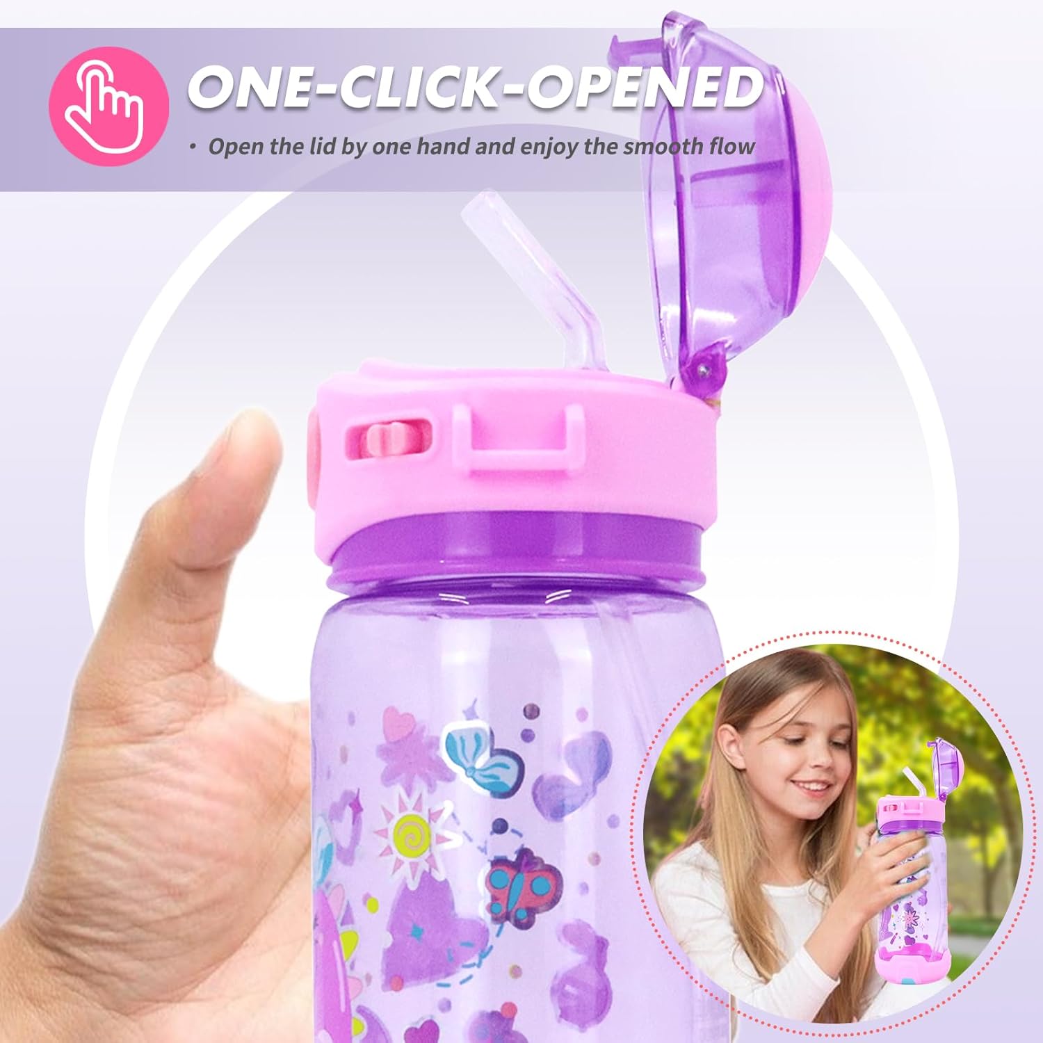 Botella de agua para niños con popote, para la escuela, niños y niñas, botella de agua potable de 22 onzas sin BPA, apertura de un solo clic, tapa