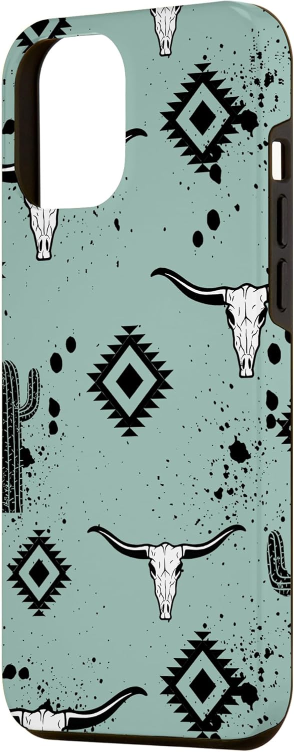 Funda para iPhone 13 Pro Max Western Country Aztec Bull Skull Cactus Cactus Patrón