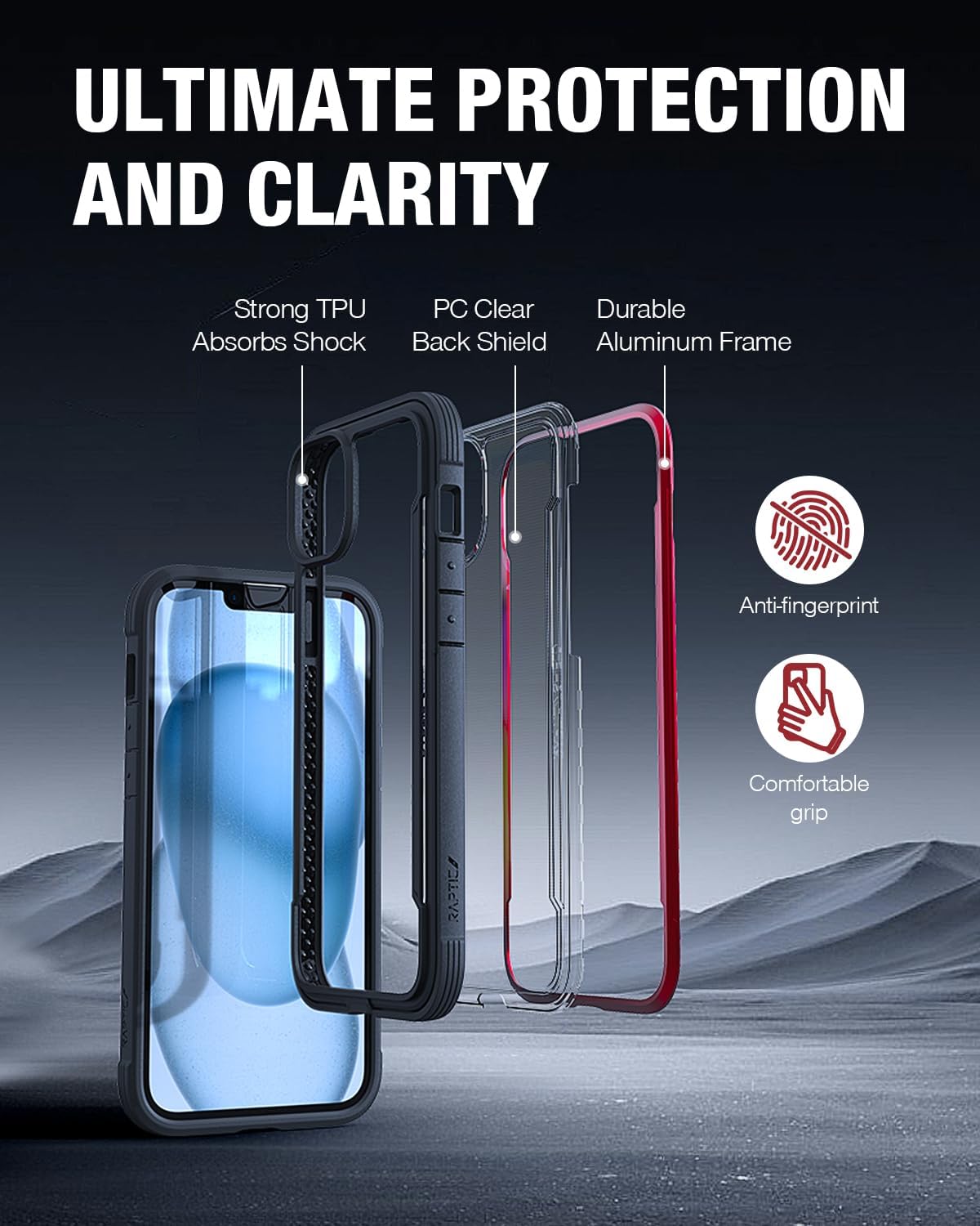 RAPTIC Shield para iPhone 15 Plus, funda protectora transparente a prueba de golpes, grado militar probada para caídas de 10 pies, marco de aluminio