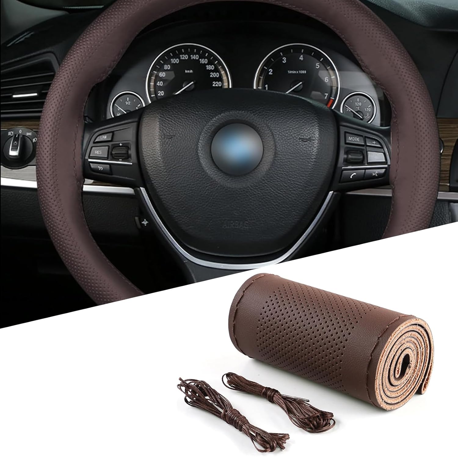 1 funda para volante de automóvil, 14.9 pulgadas de microfibra sintética cosida a mano, antideslizante, transpirable, protector de volante de