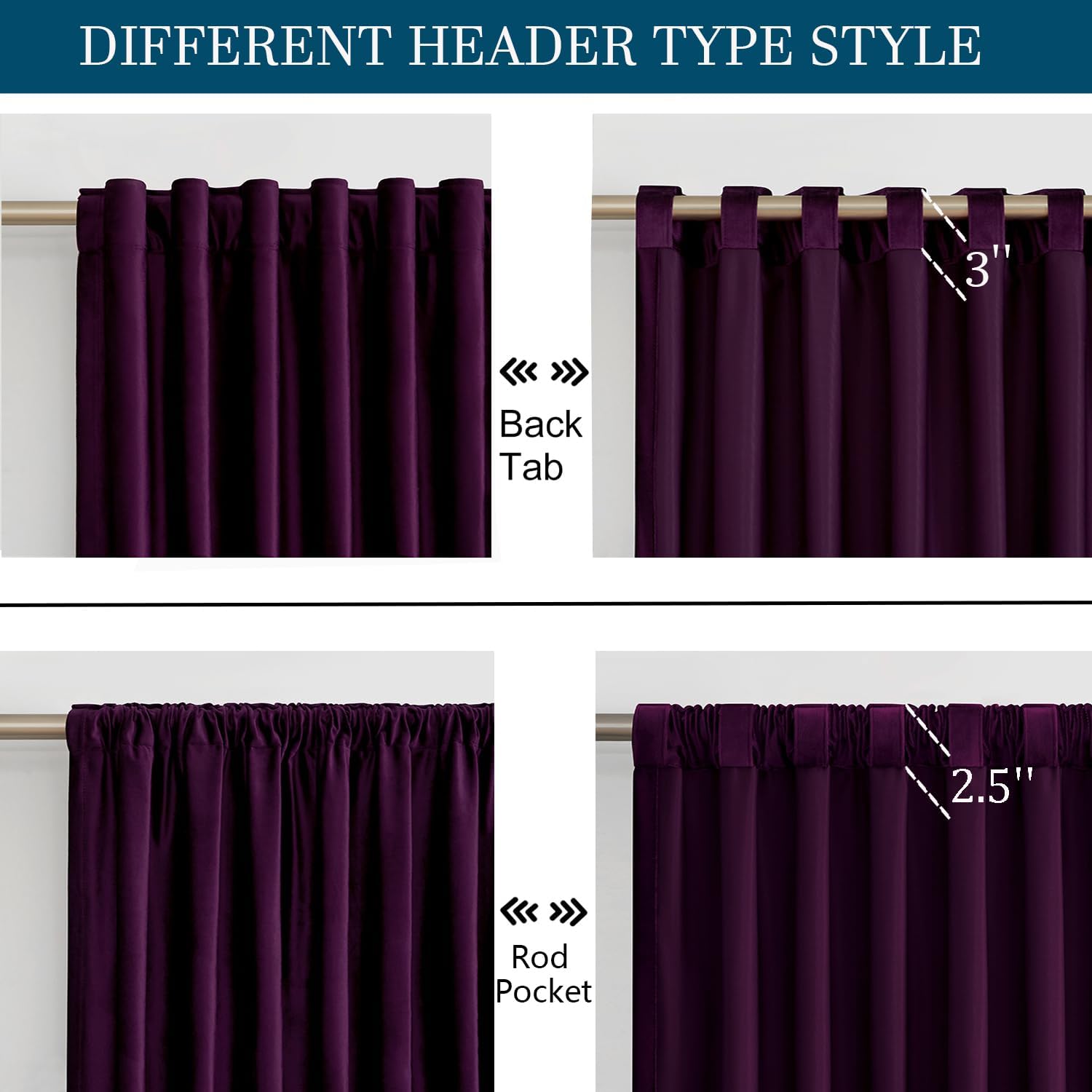 PRIMROSE Cortinas de terciopelo morado de 72 pulgadas de largo para sala de estar, juego de 2 paneles opacos, bolsillo para barra, pestaña trasera,