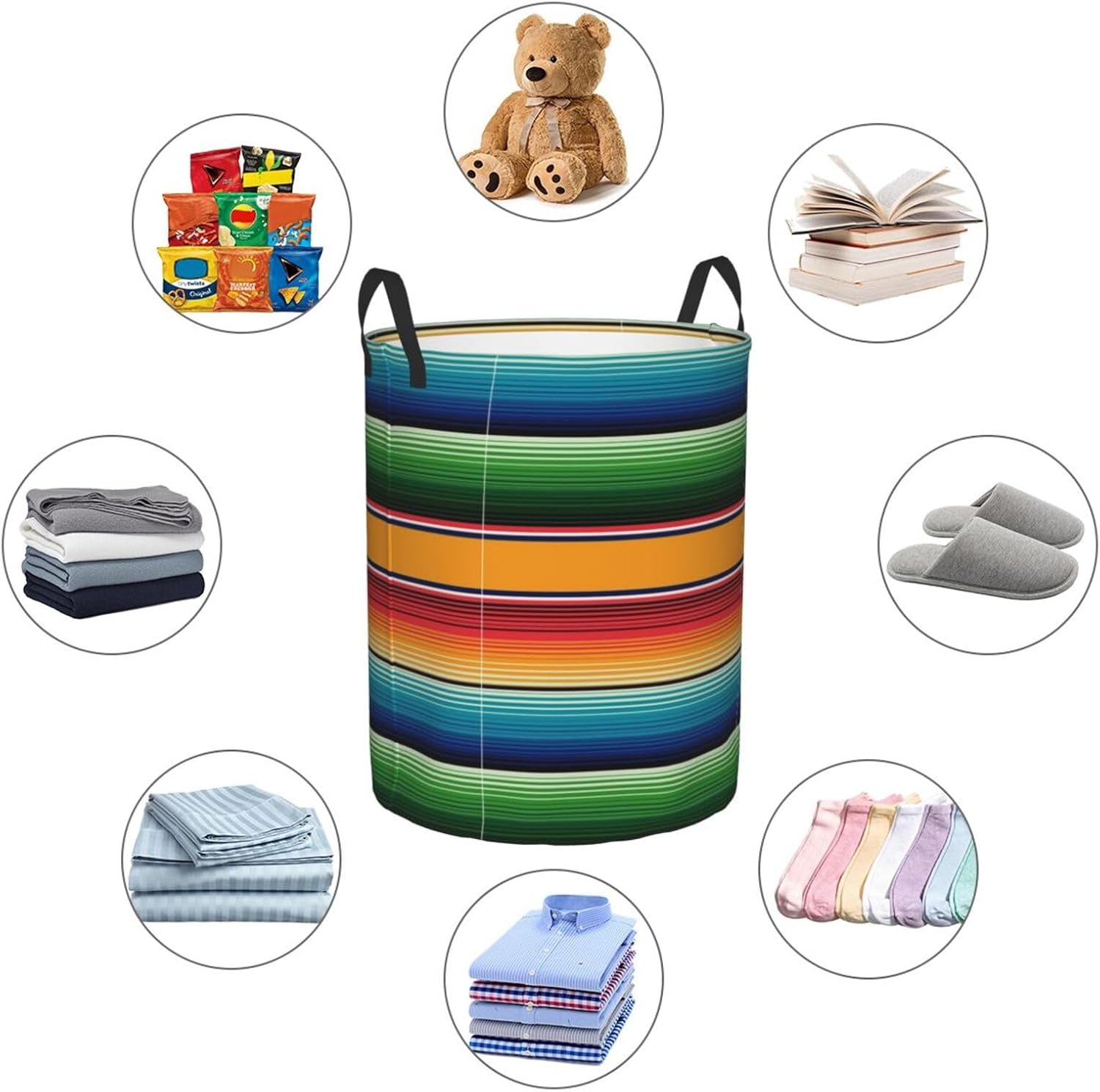 Cesta de lavandería con estampado de sarape mexicano, a rayas, impermeable, plegable, con asa duradera, cesta de almacenamiento circular, bolsa de