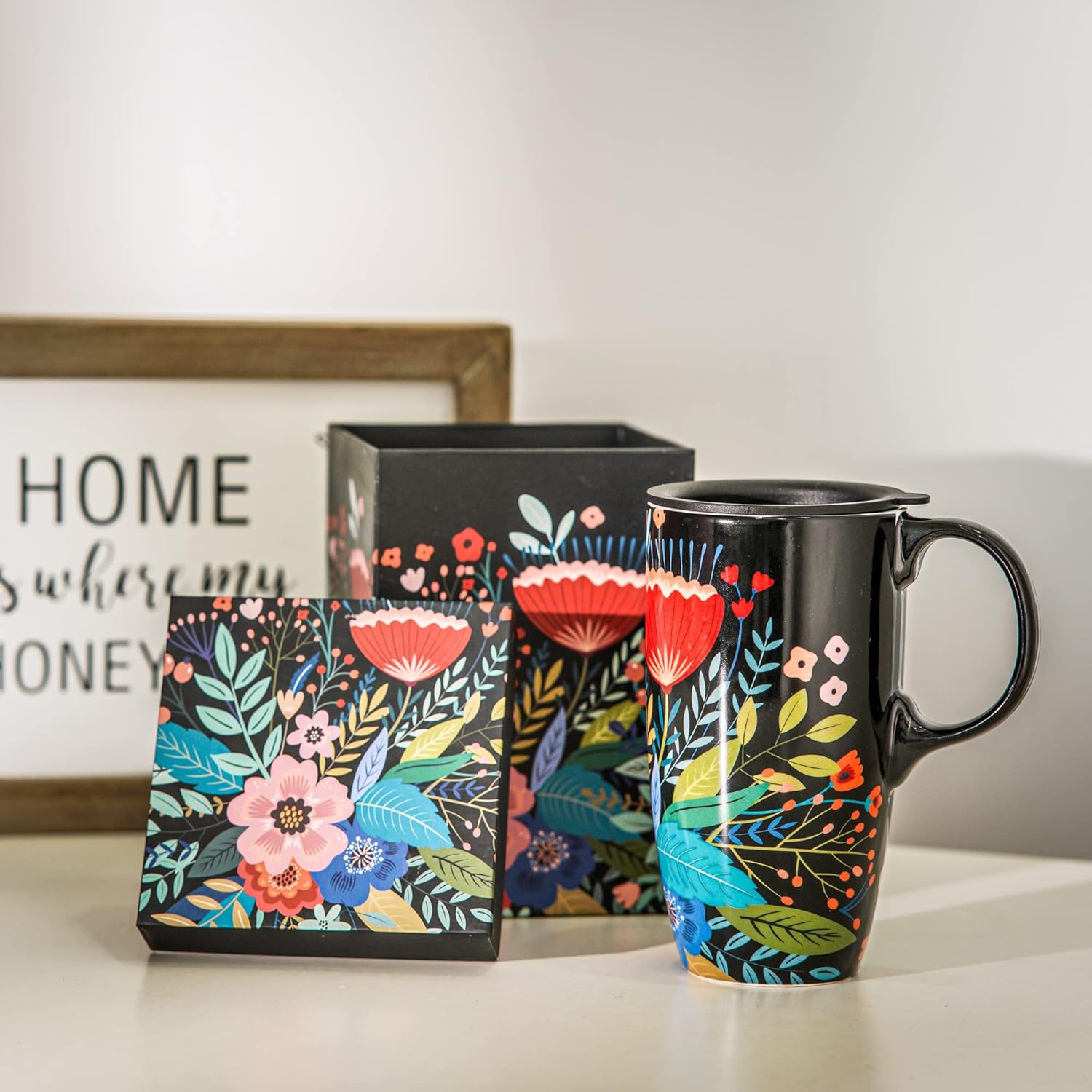 Topadorn Taza de café de cerámica con tapa de 17 onzas, taza de té alta de porcelana con asa para el hogar y la oficina, taza roja con patrón de