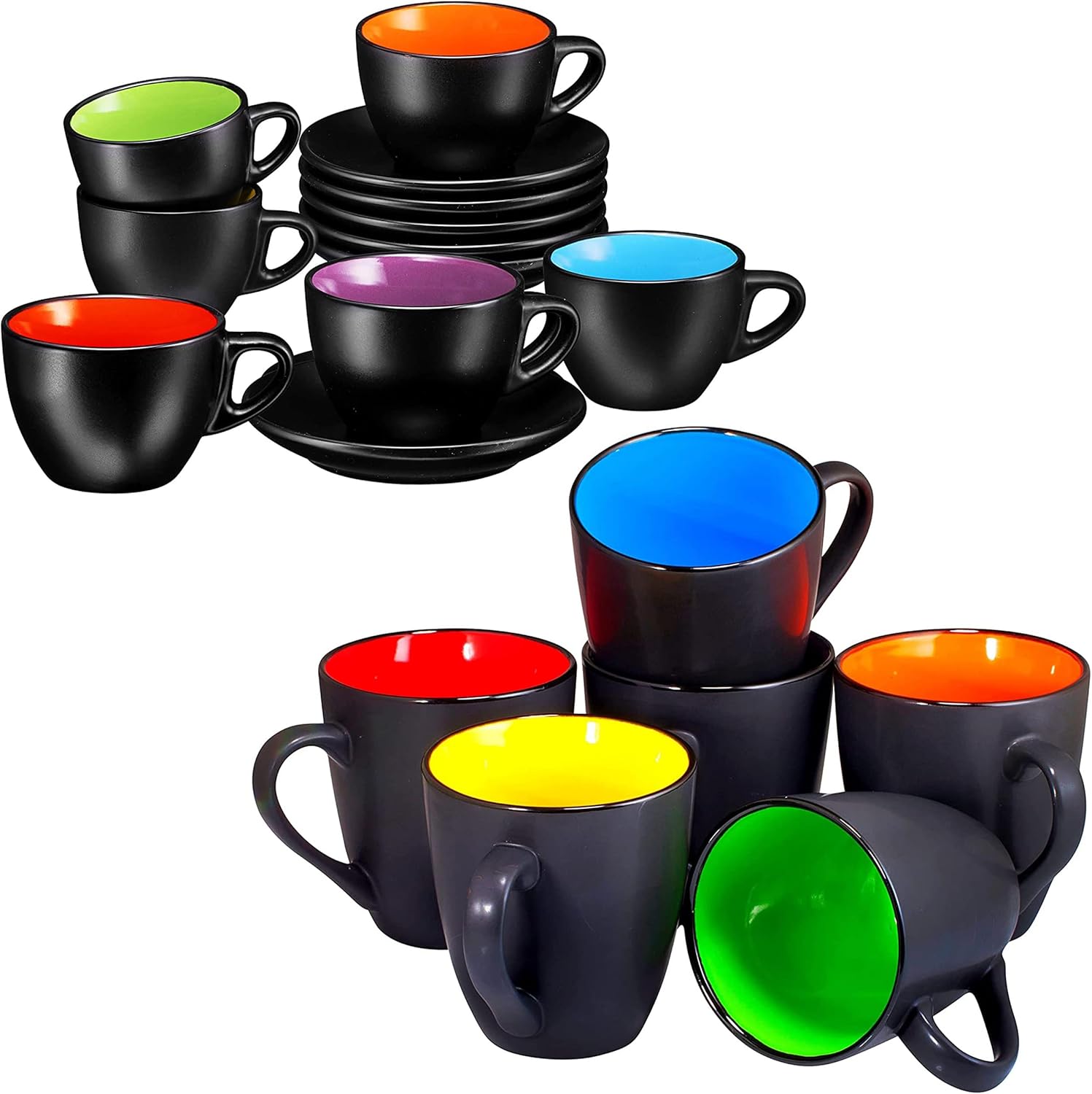 Bruntmor Juego de 6 tazas de capuchino con platillos de 6 onzas, color negro mate y de cerámica de 16 onzas, tazas de café negras mate para