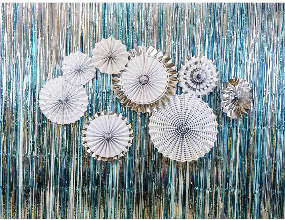 Cortinas de fondo para cabina de fotos de oropel de papel metálico para decoración de fiestas, paquete de 4 cortinas de flecos de papel de aluminio
