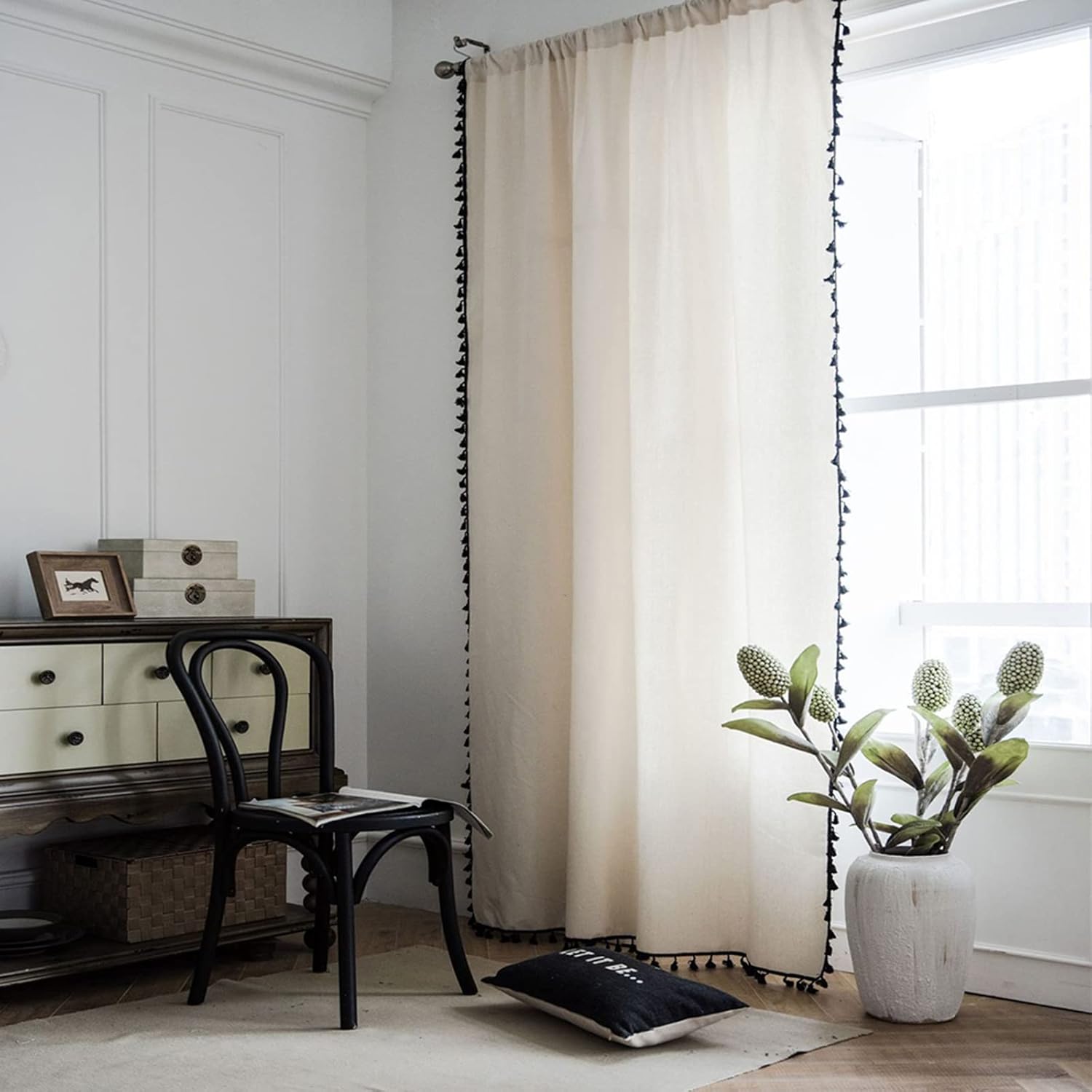 Cortinas de estilo bohemio, de lino y de arpillera para dormitorio, cortinas de ventana semiopacas con borlas, juego de cortinas rústicas para