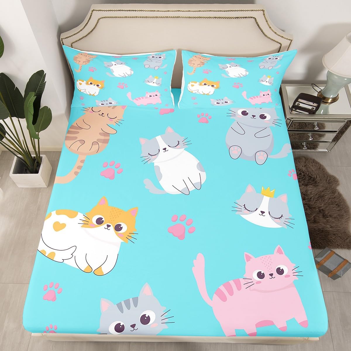 Erosebridal Lindo juego de ropa de cama de gatos Kawaii de tamaño individual, sábanas para niños y niñas, juego de sábanas de gatos de dibujos