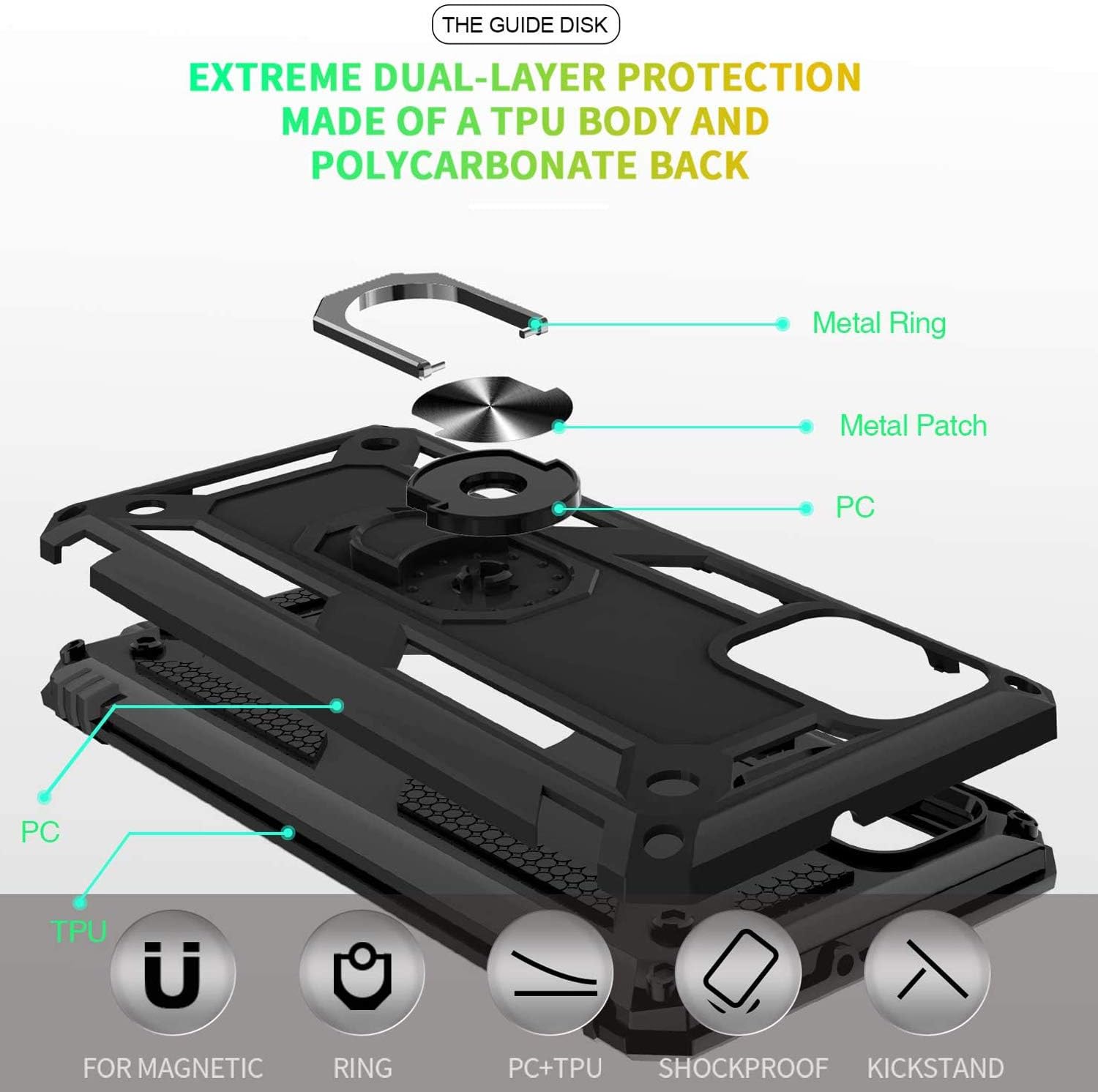 TJS Funda compatible con Samsung Galaxy A51 5G (no compatible con Galaxy A51 4G), con protector de pantalla de vidrio templado, anillo de metal,