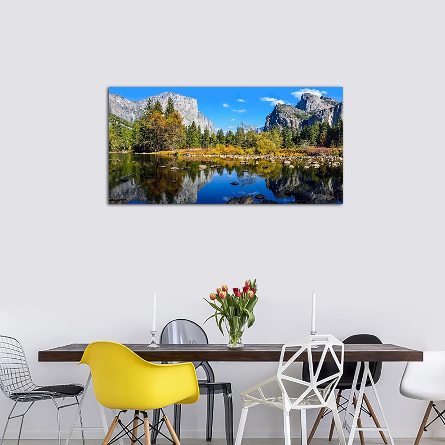 Lienzo grande para pared, paisaje de montaña y lago, arte en lienzo sobre el parque nacional de Yosemite, bosque verde, lago azul, agua, arte