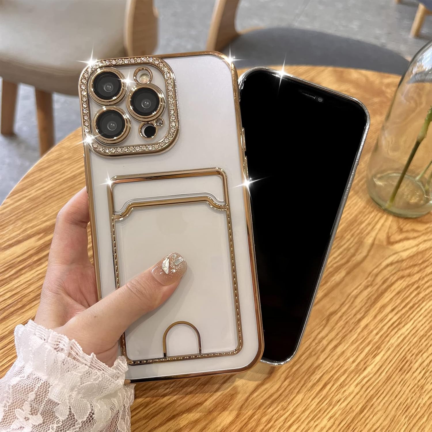 MZELQ Funda tipo cartera chapada para iPhone 14 Pro, tarjetero con diamantes con purpurina brillante, protección para cámara, funda de lujo + 2