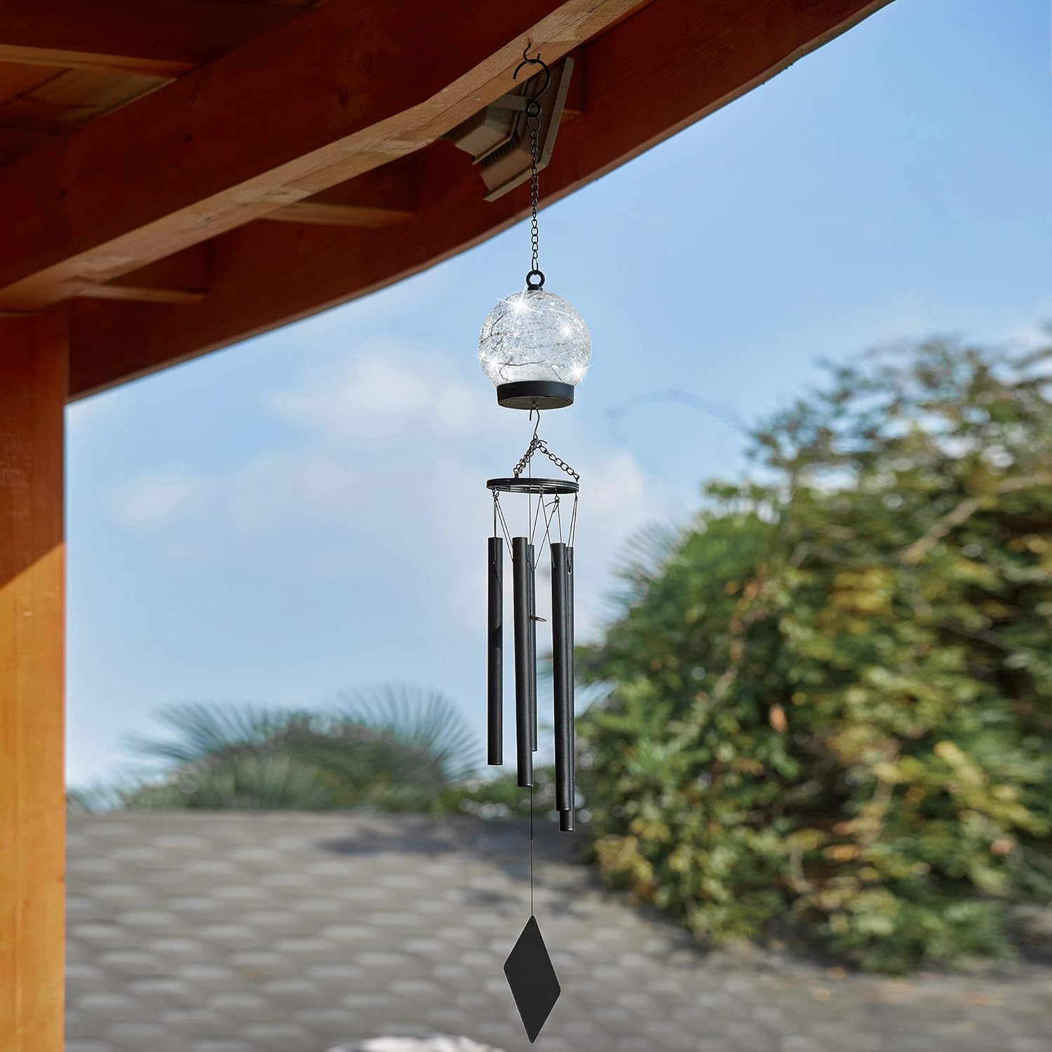 Campanillas de viento para exteriores, 42 pulgadas, campanilla grande de condolencia, 15 LED, blanco cálido, esfera de vidrio agrietado, linterna