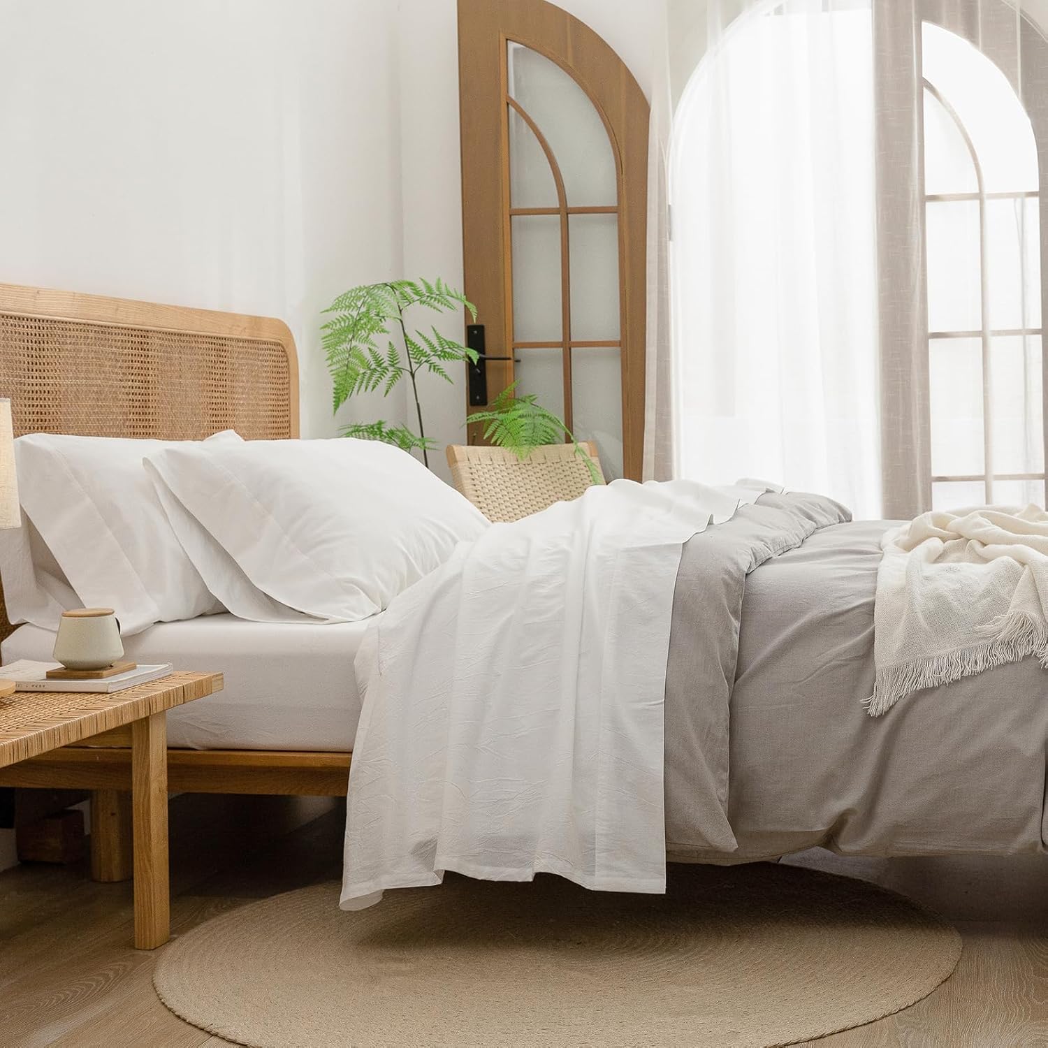 BESTOUCH Juego de sábanas 100% algodón lavado, tacto súper suave, cómodo, elegante, ligero, juego de ropa de cama de 4 piezas, color blanco hueso,