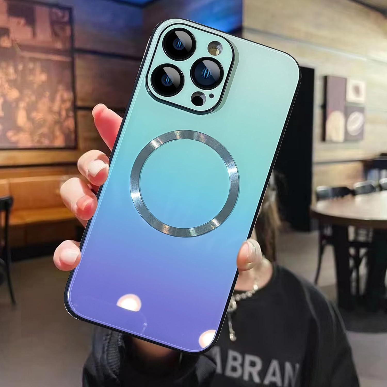 MZELQ Funda compatible con iPhone 14 Pro Max (soporte para Magsafe), funda magnética degradada con cargador inalámbrico, cubierta trasera de vidrio