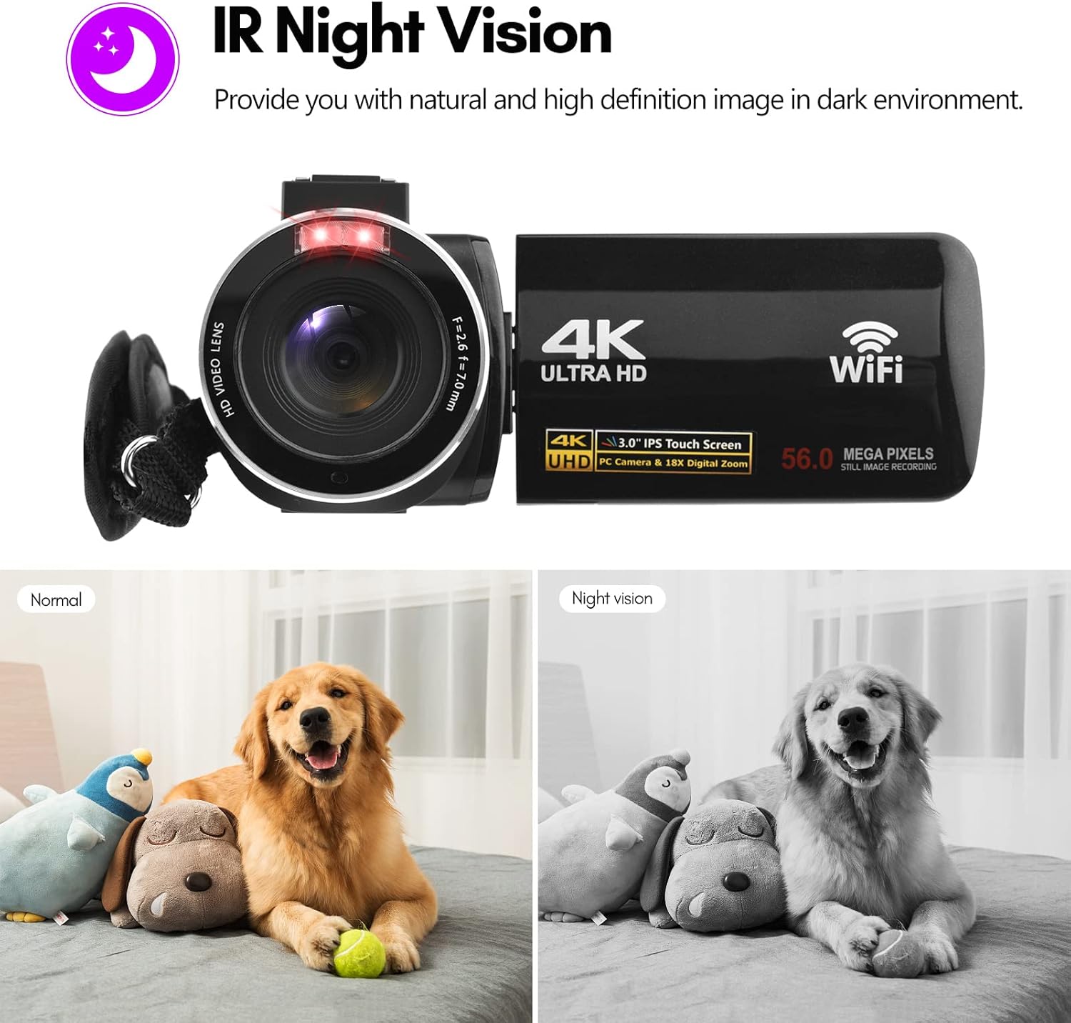 Andoer Cámara de vídeo digital 4K WiFi videocámara DV grabadora 56MP 18X zoom digital 3.0 pulgadas IPS pantalla táctil compatible con detección de