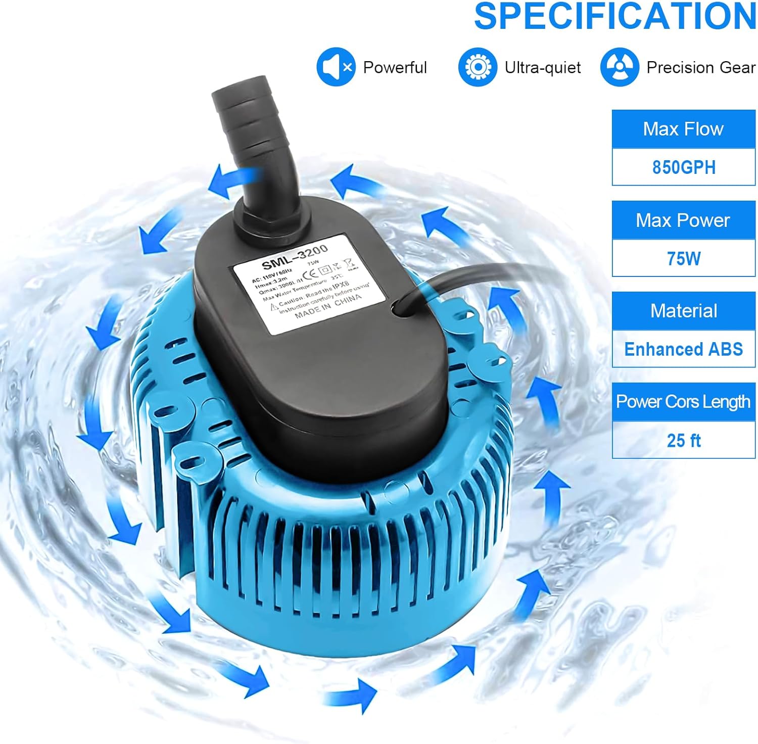 Bomba de cubierta de piscina sobre el suelo, bomba de sumidero sumergible de 850 GPH, bomba de agua para drenaje de piscina, con manguera de drenaje
