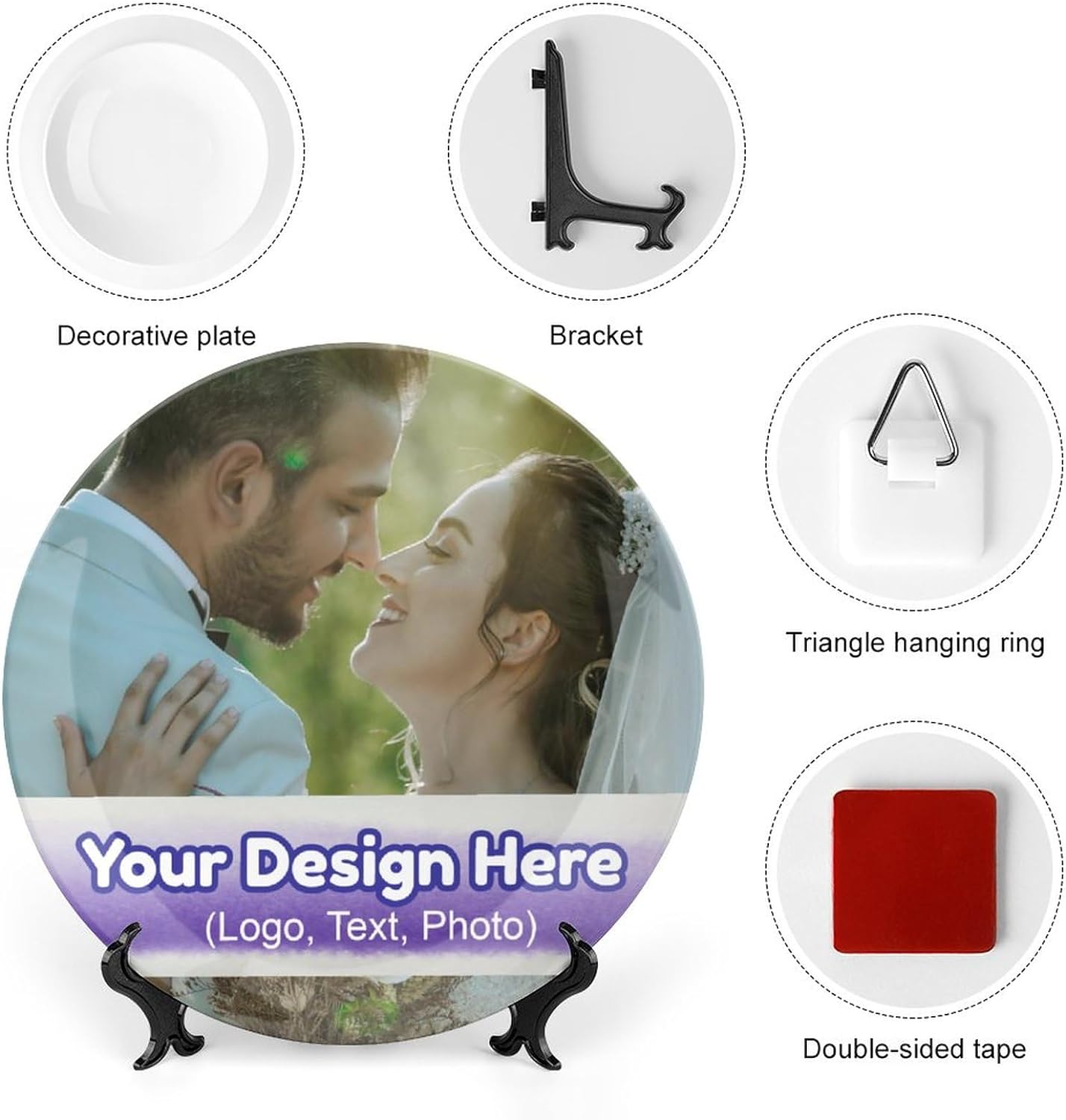 Plato decorativo personalizado para fototexto con soportes, platos llanos de porcelana personalizados con imagen, foto personalizada en plato, crea