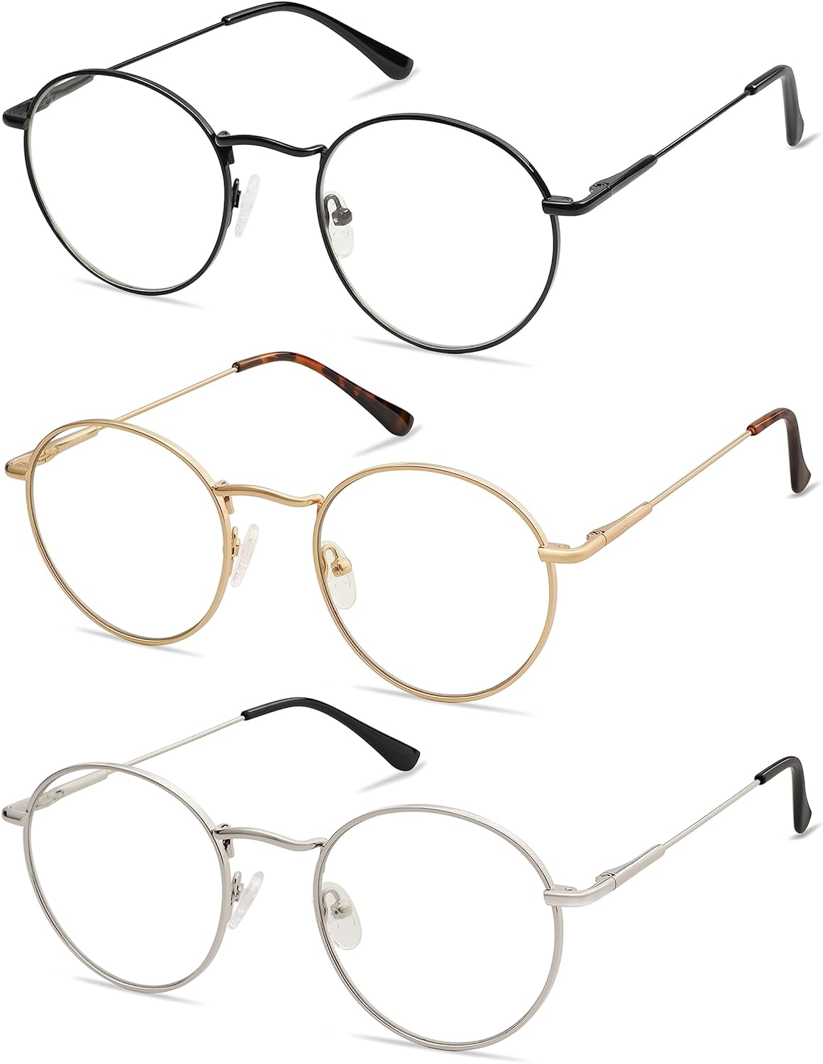 Paquete de 3 lentes de lectura redondos retro para hombres y mujeres, a la moda, bloqueo de luz azul, para lectura frente a la computadora, marco de