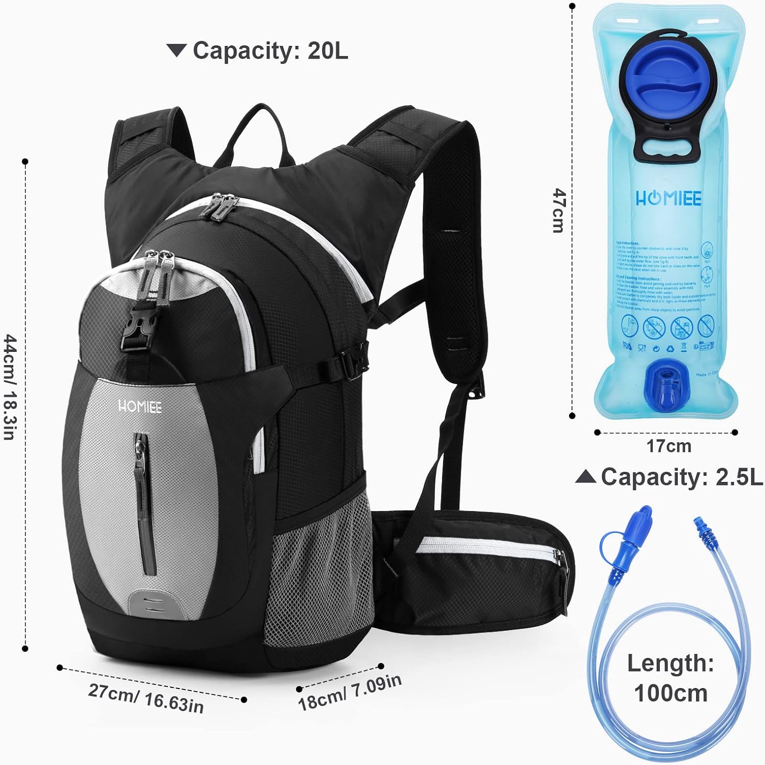 HOMIEE Mochila de hidratación de 20L de 2.5 L, bolsa de agua sin BPA, ligera, paquete de aislamiento térmico que mantiene el líquido fresco hasta 4