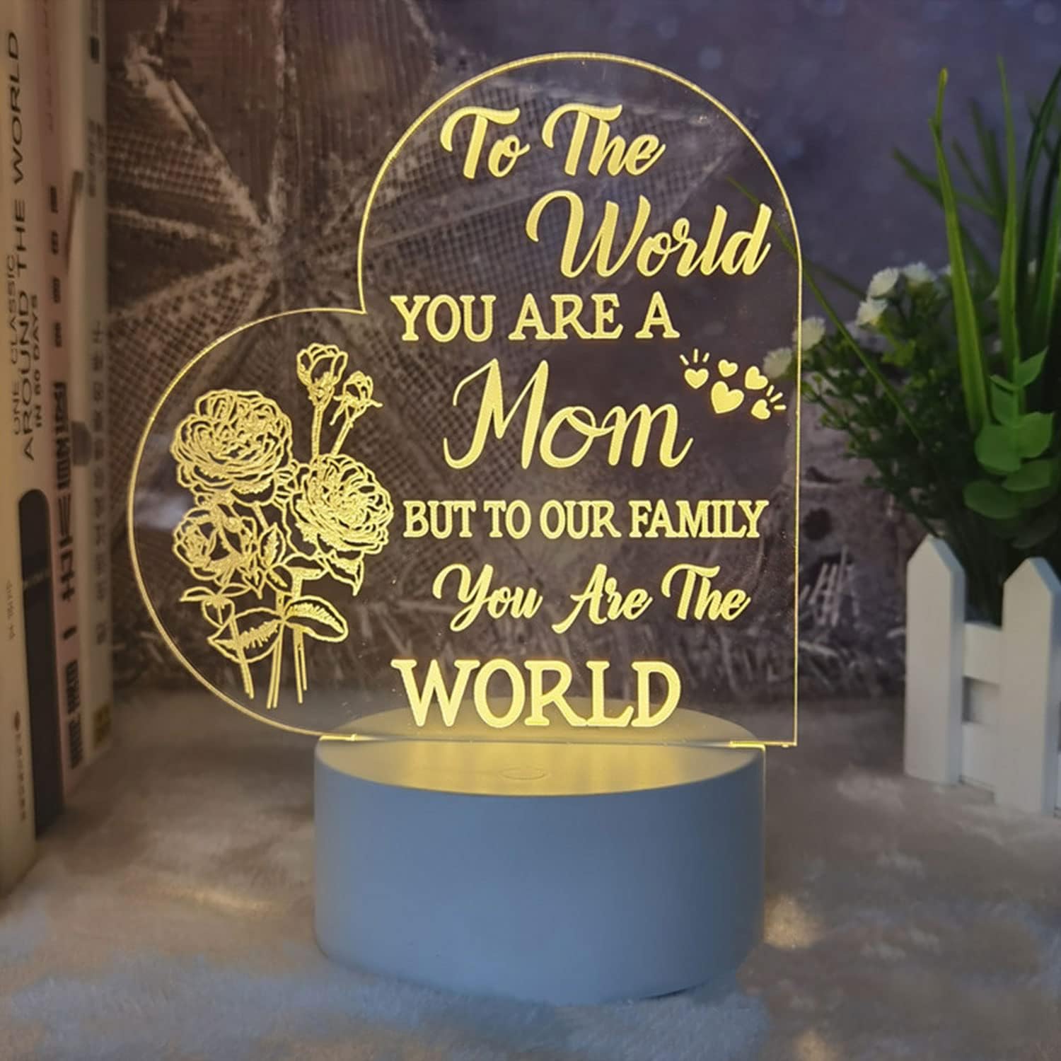 Regalos para mamá de hija hijo, regalos de cumpleaños para madres, 3 modos de luz, luz nocturna, alimentación USB, luz de corazón transparente,