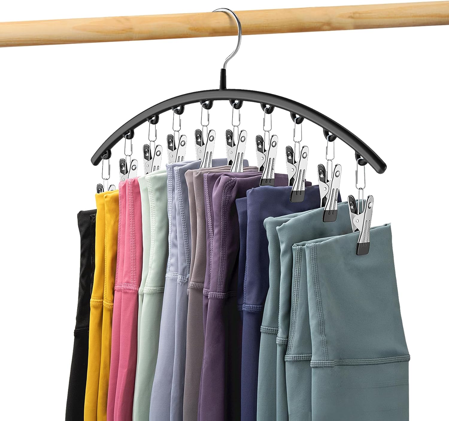 Volnamal Organizador de leggings para armario, perchas de metal para pantalones de yoga, 1 paquete con 10 clips con capacidad para 10 leggings,