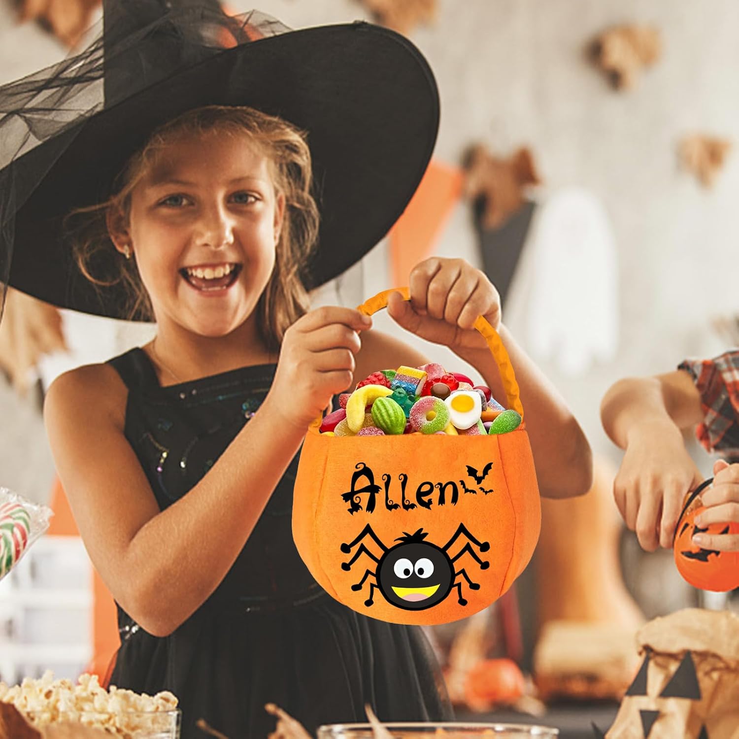 Bolsas de Halloween personalizadas, bolsa de dulce o truco, cesta de dulces con nombre personalizado para niños y niñas, gato