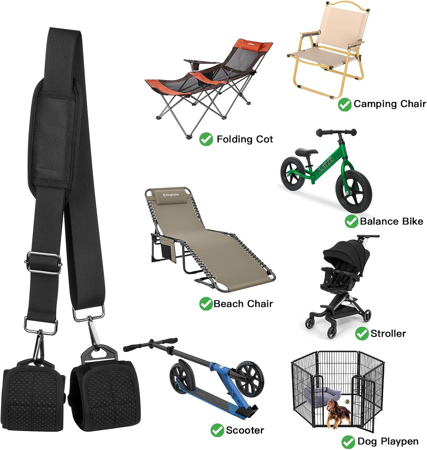 Xxerciz Correa de transporte para silla de playa, silla plegable, correa de hombro ajustable para silla de campamento, correa de transporte de