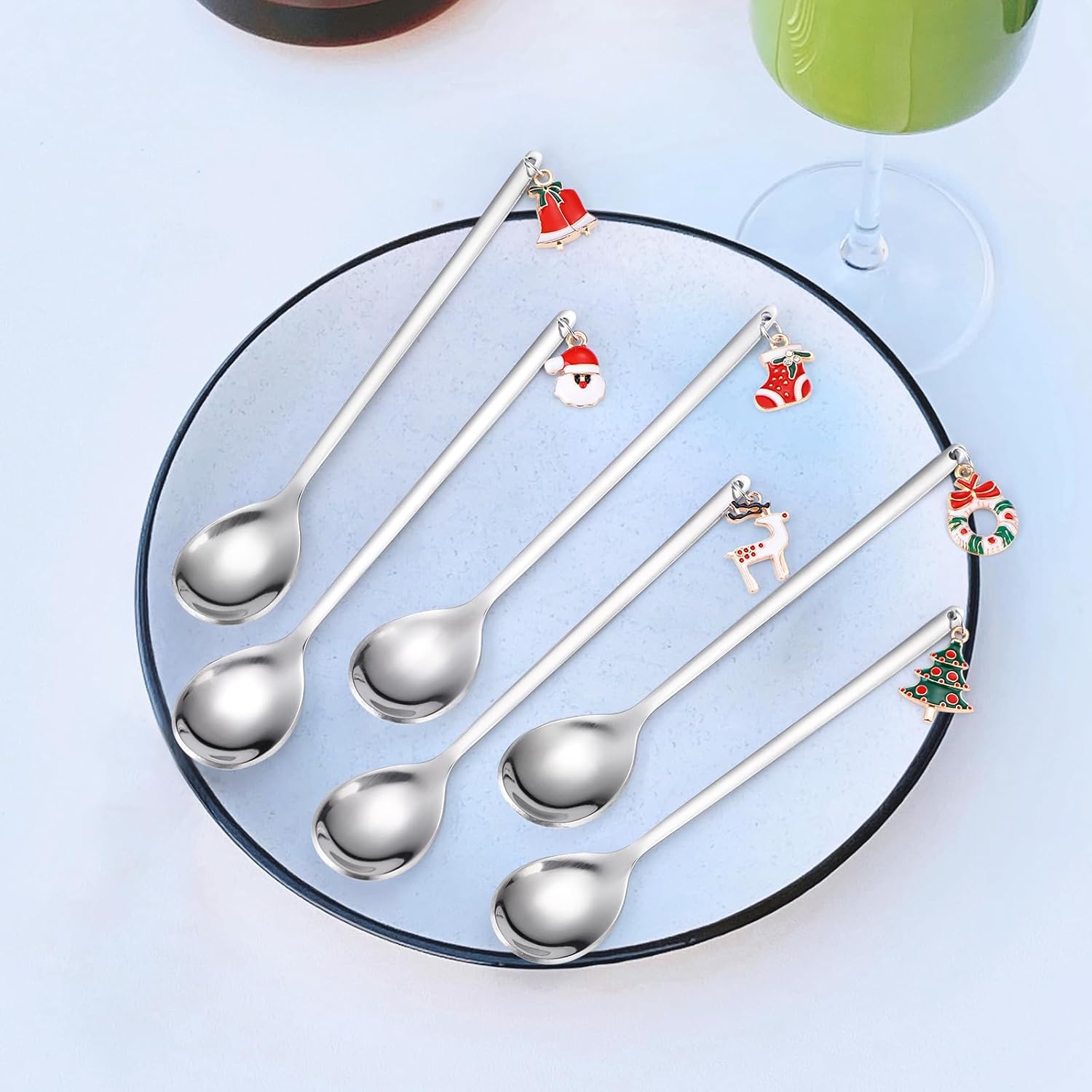 Cucharas de postre, cubiertos plateados de acero inoxidable de Navidad, 6 piezas con caja de regalo de Navidad, perfectos para fiestas de café y