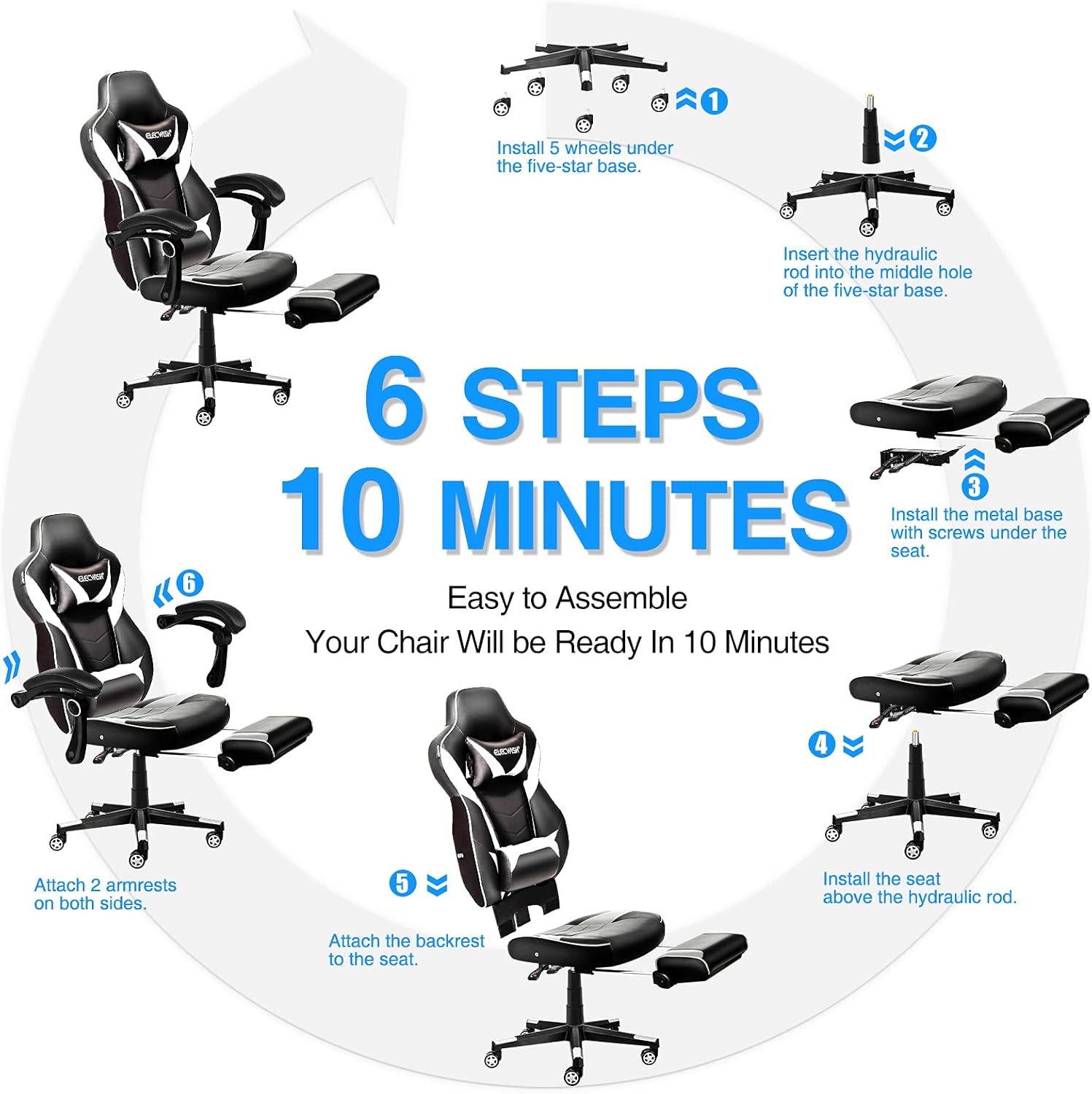 ELECWISH Silla de juegos de computadora con reposapiés, silla ergonómica para adultos, silla de escritorio giratoria ajustable con respaldo alto con