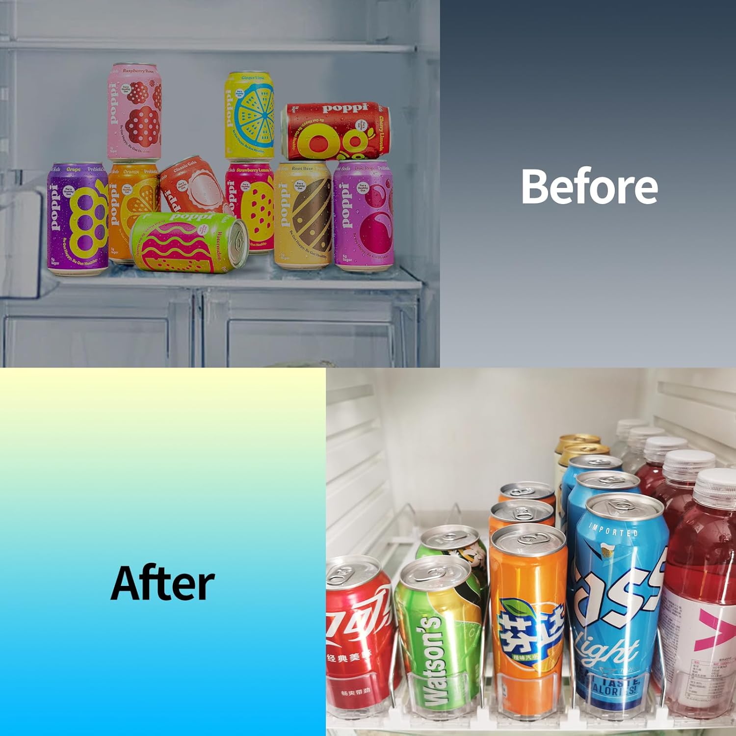 Dispensador de latas de soda para refrigerador, organizador de bebidas autoempujable para refrigerador, ancho ajustable, dispensador de botellas de