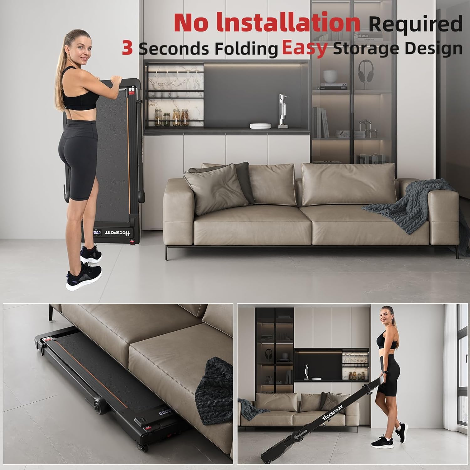 Cinta de correr con inclinación, 3 en 1 para debajo del escritorio, con estación de trabajo de escritorio extraíble, 3.5 HP plegable, compacta,