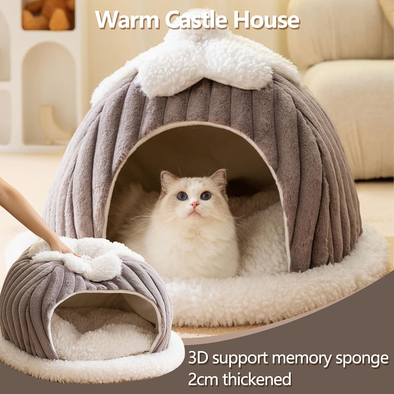 Cama tipo cueva para gatos, bonita casa de gato de dibujos animados, tienda de campaña pequeña con almohada extraíble lavable, cama cálida para