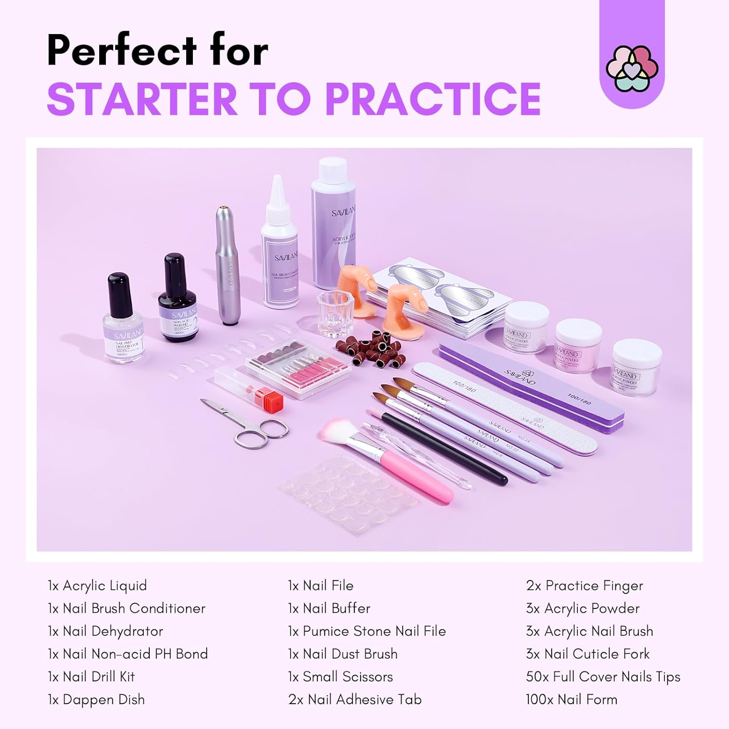 SAVILAND Kit de uñas acrílicas para práctica de uñas, 3 colores de polvo acrílico y 4.1 fl oz de líquido acrílico con cepillo acrílico para