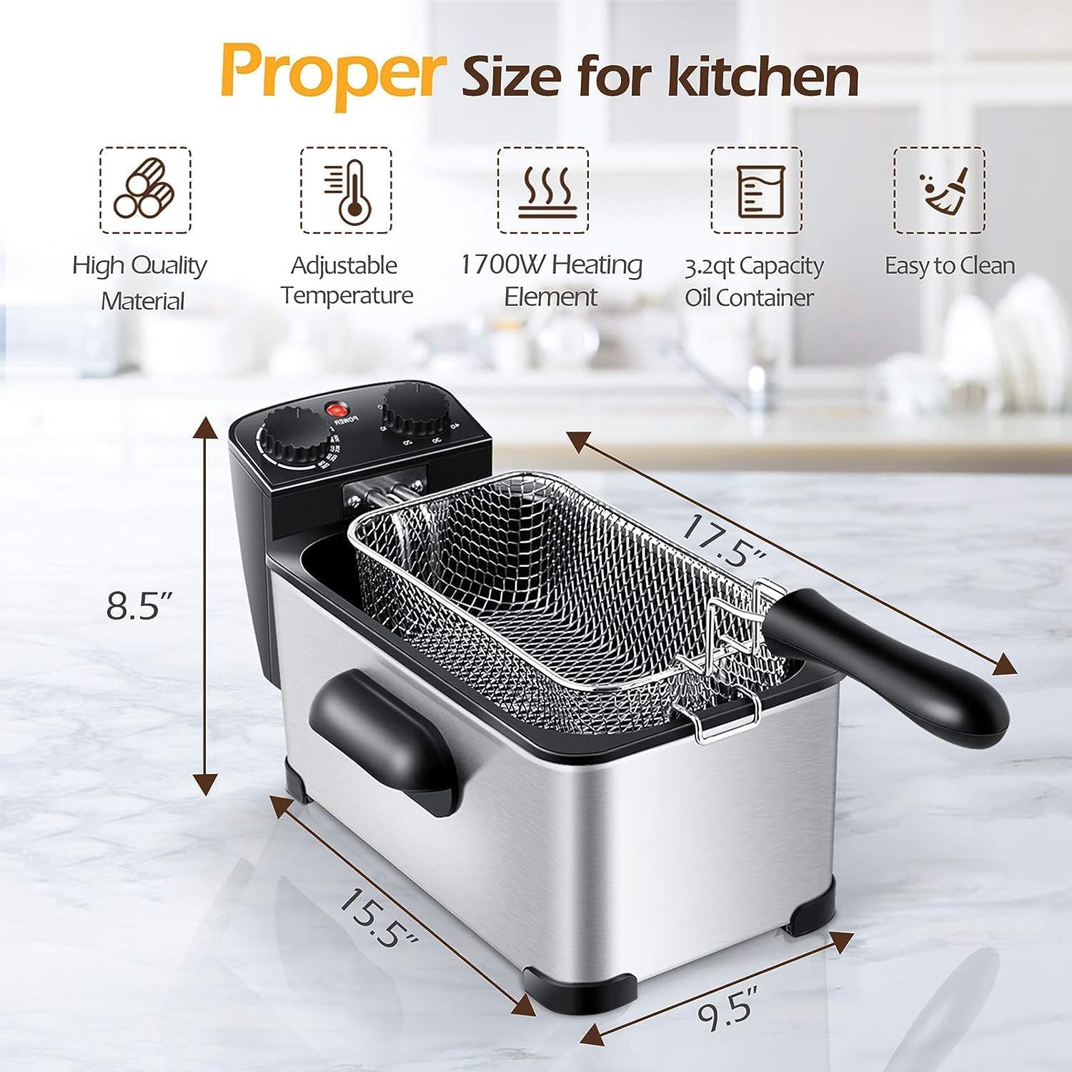 MEDIMALL Freidora profunda con canasta, freidora de aceite eléctrica de 3.2 cuartos de galón  12 tazas para uso doméstico, freidora pequeña de grasa