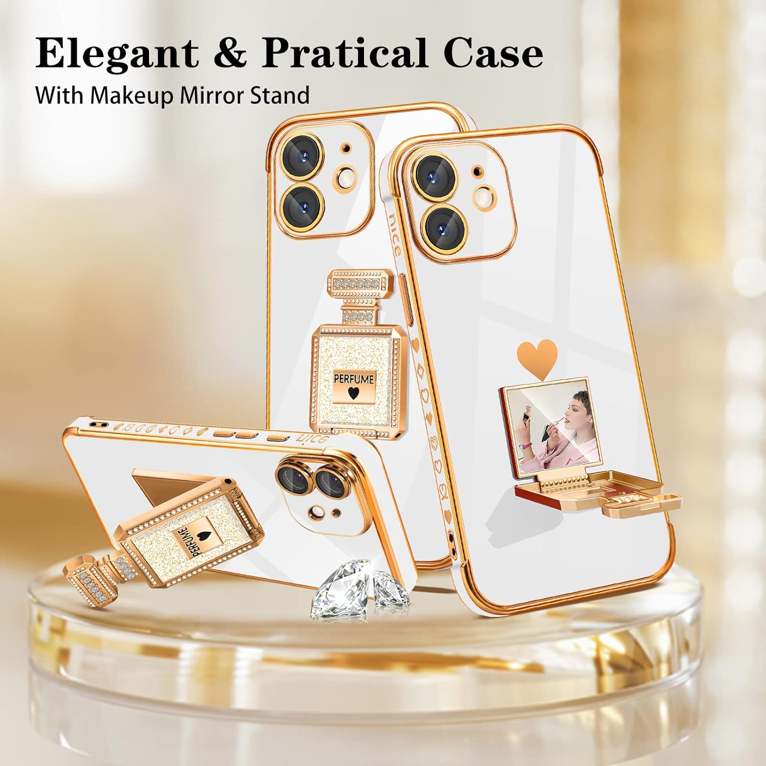 Buleens Funda para iPhone 11 con soporte de espejo de botella de perfume de metal, bonitas fundas de corazón femenino para iPhone 11, elegante funda