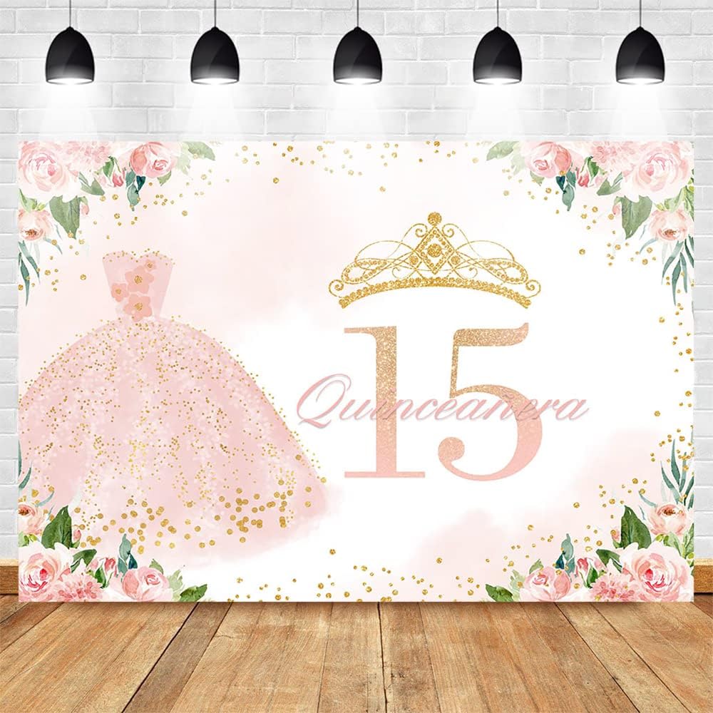 Mocsicka Telón de fondo de cumpleaños de quinceañera para niña, decoración de fiesta de cumpleaños con texto en inglés “Mis membrillo anos”, color